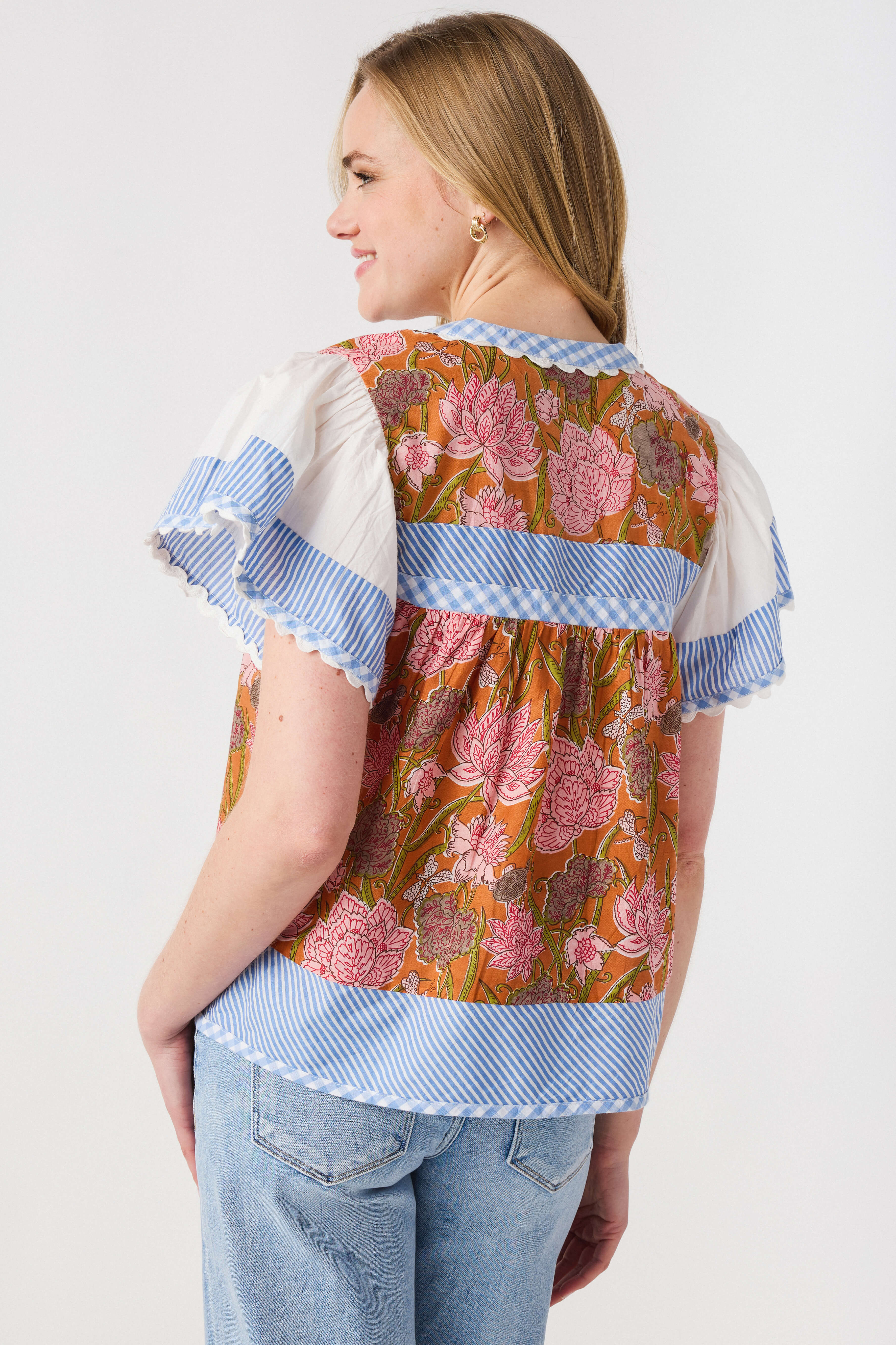 THML Flowy Sleeve Mixed Media Vneck Top