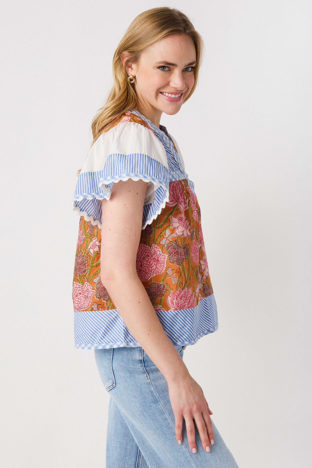 THML Flowy Sleeve Mixed Media Vneck Top