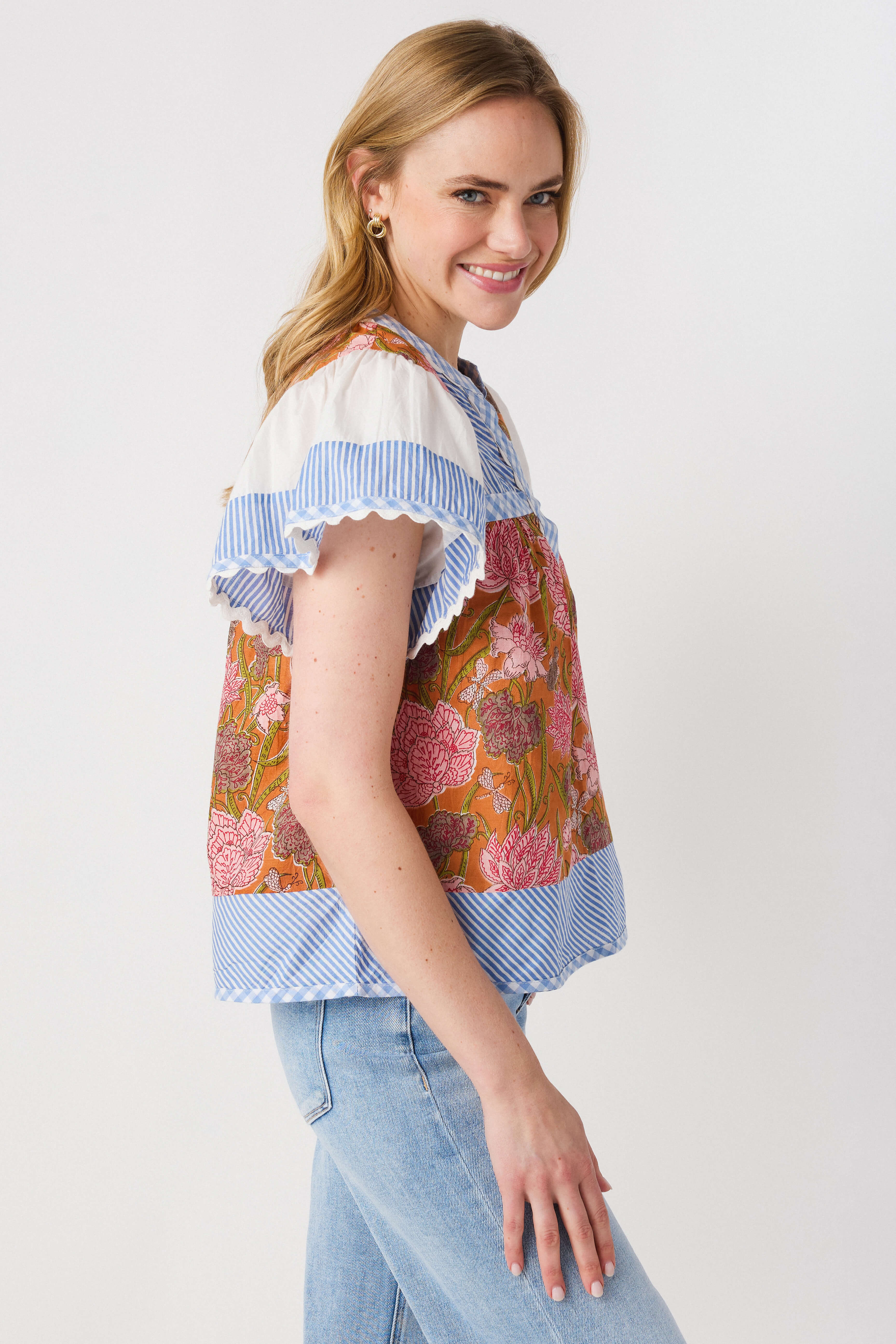 THML Flowy Sleeve Mixed Media Vneck Top