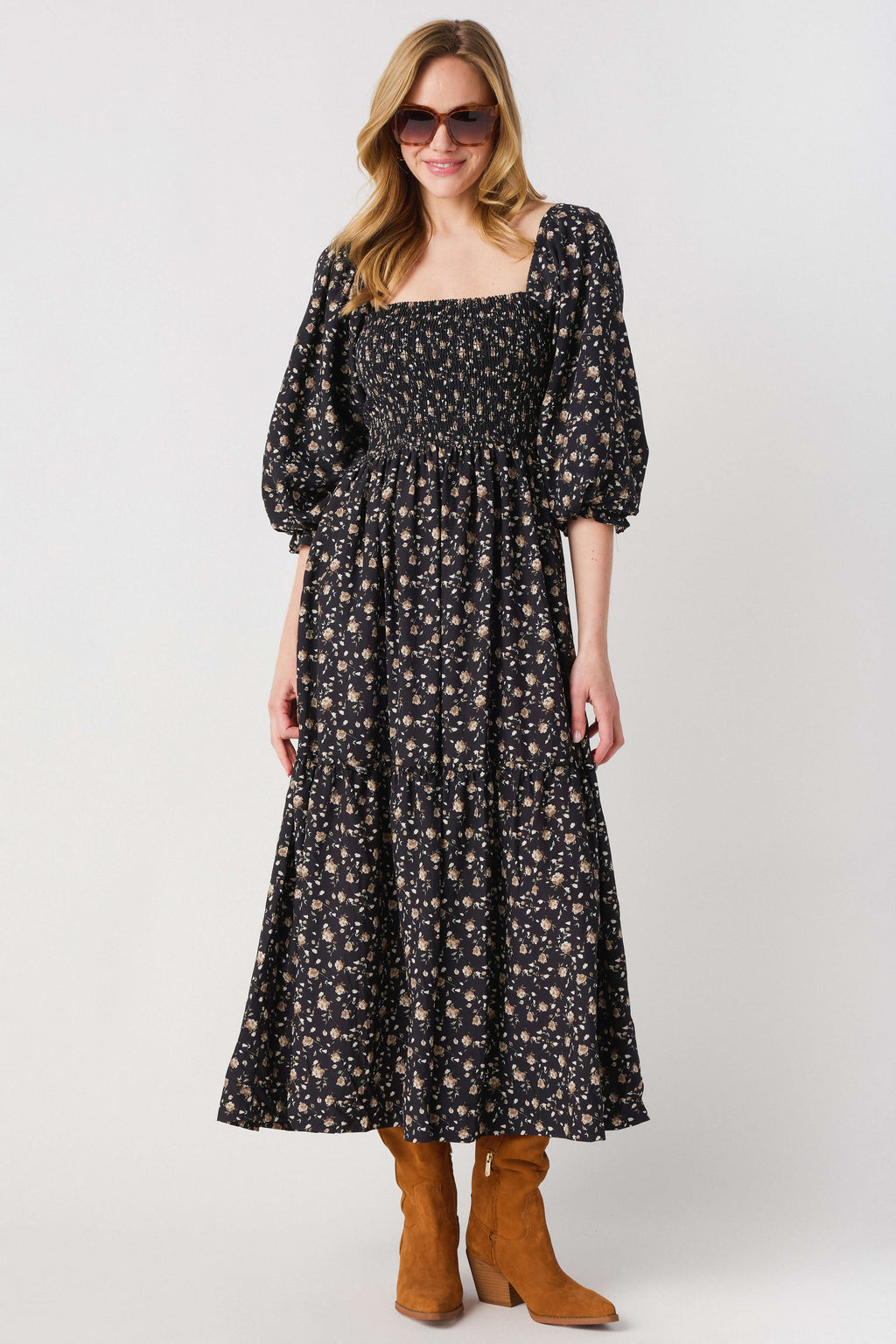 Black floral midi dress with square neckline, 3/4 puff sleeves and full skirt