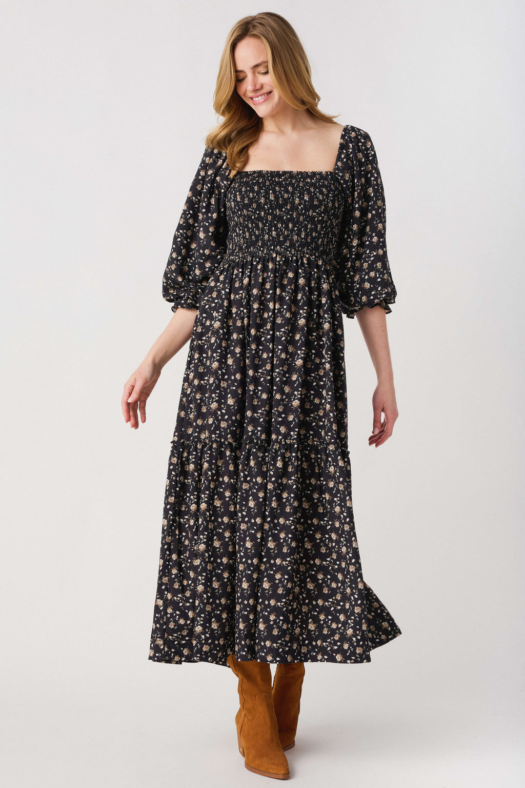 Black floral midi dress with square neckline and 3/4 sleeves, elastic waist detail