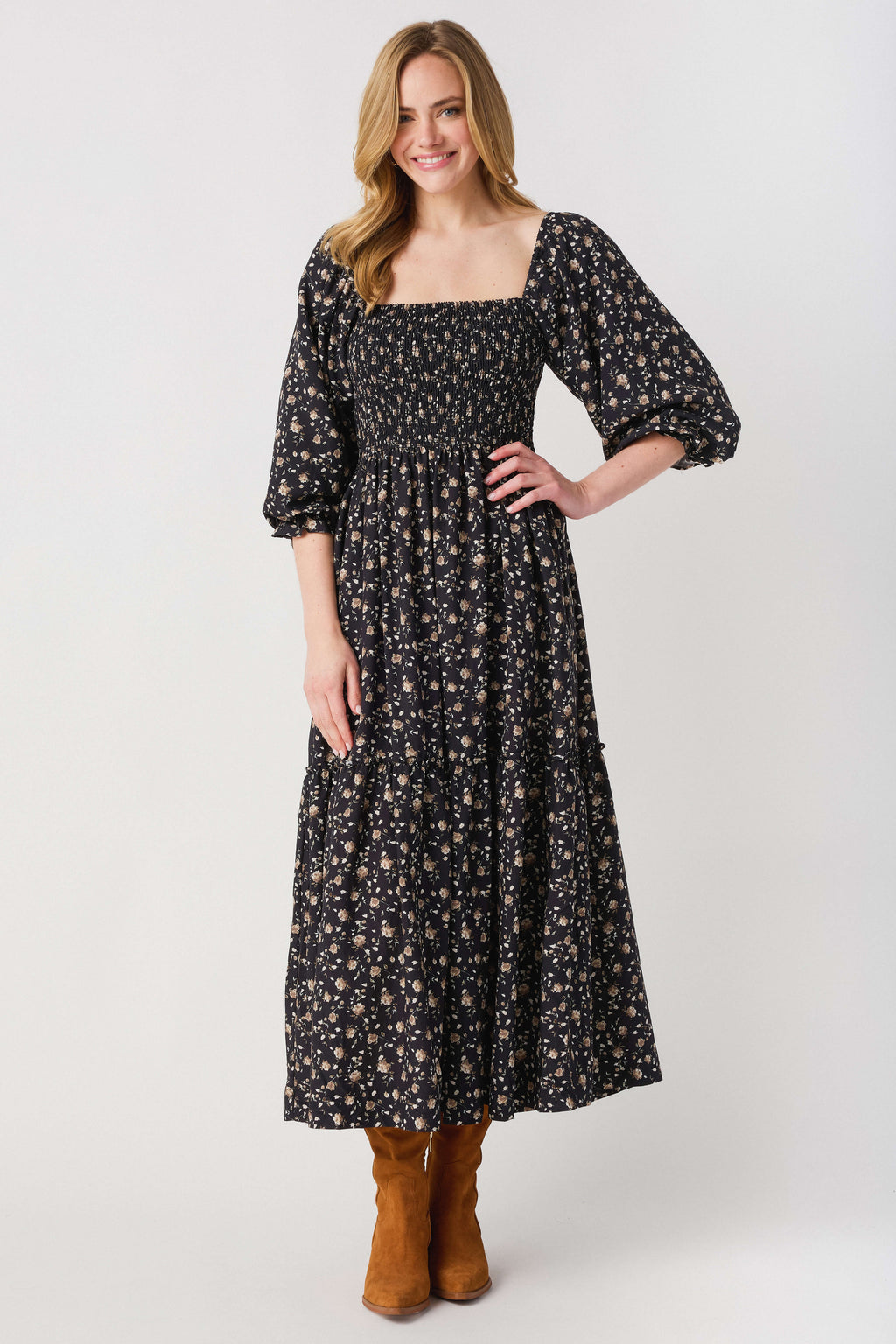 Black floral midi dress with square neckline, 3/4 puff sleeves and gathered waist
