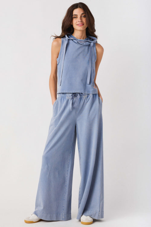 Light blue sleeveless hoodie top and wide-leg pants set, full-length front view
