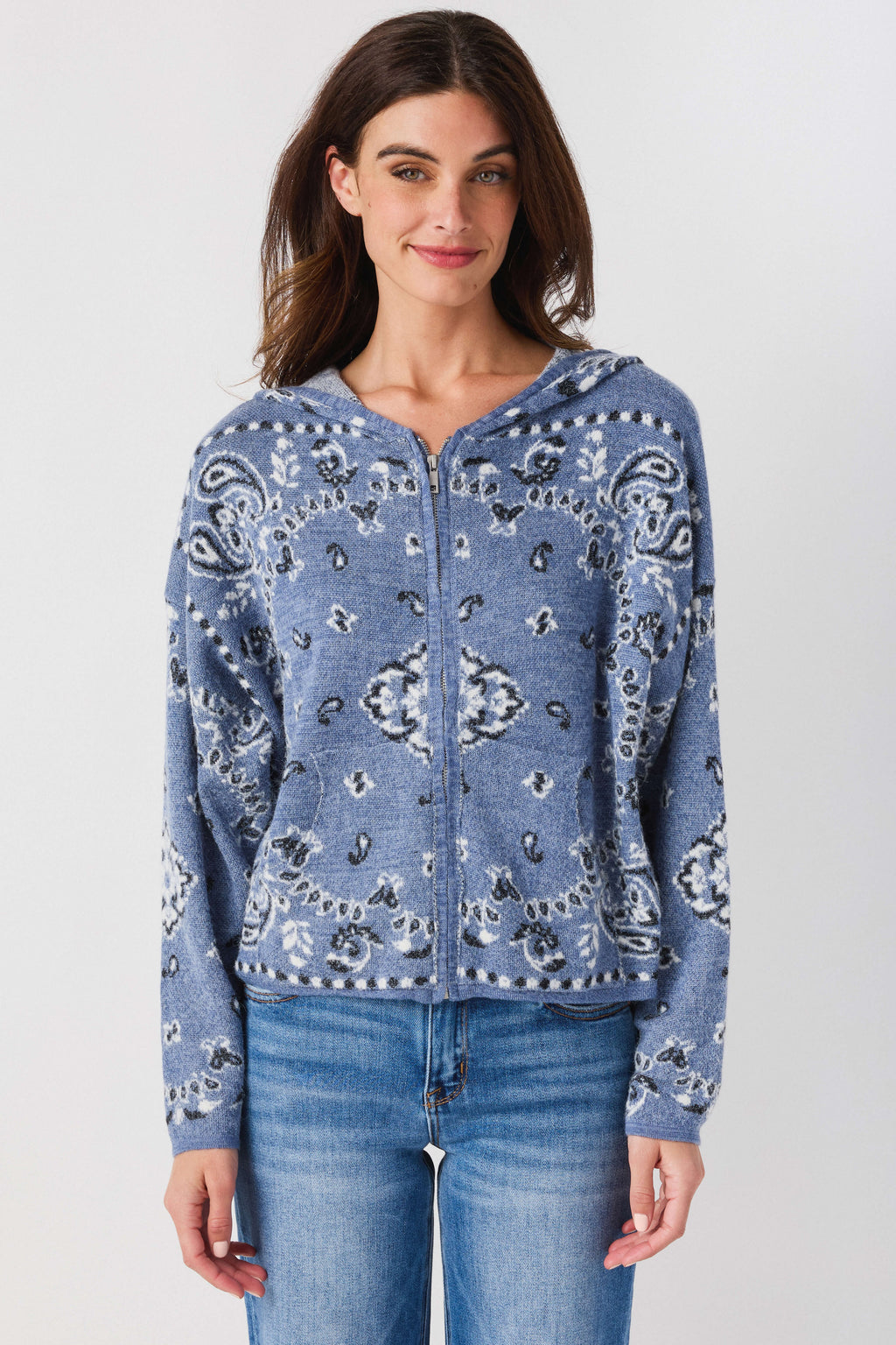 Blue hooded cardigan with bandana-style print, zip closure, long sleeves