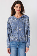 Blue hooded cardigan with bandana-style print, zip closure, long sleeves