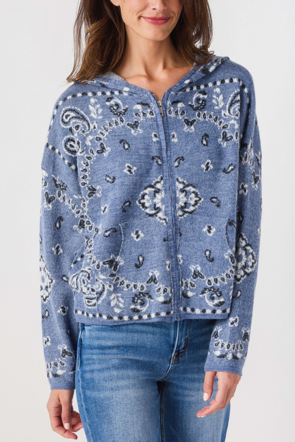 Blue bandana-print hooded cardigan with zipper front and drawstring hood