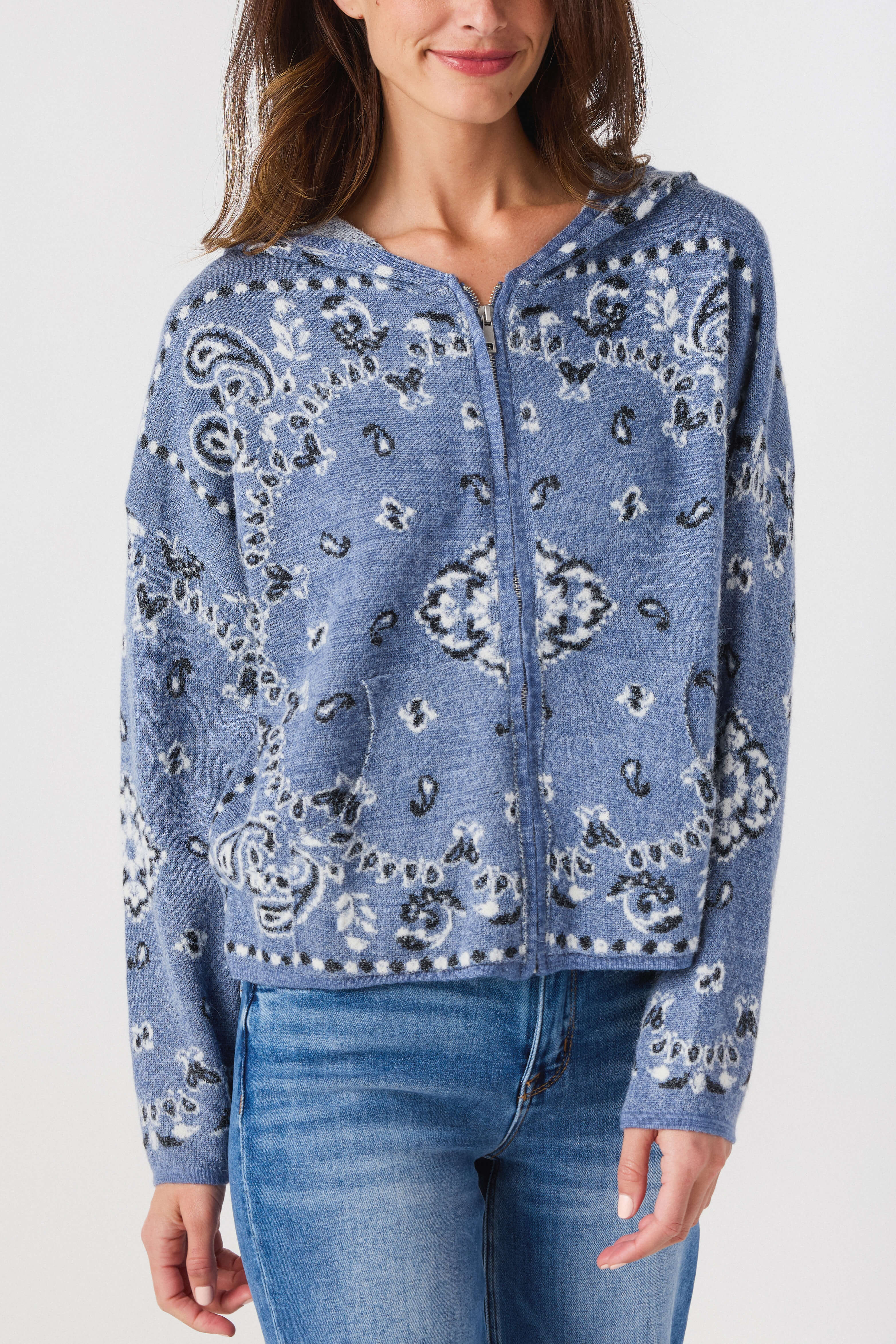 Blue bandana-print hooded cardigan with zipper front and drawstring hood