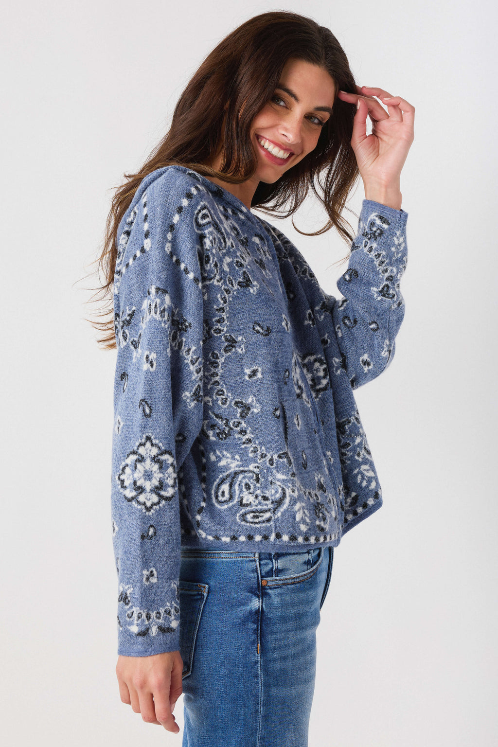 Blue paisley bandana-print hooded cardigan with zip front, side view, long sleeves