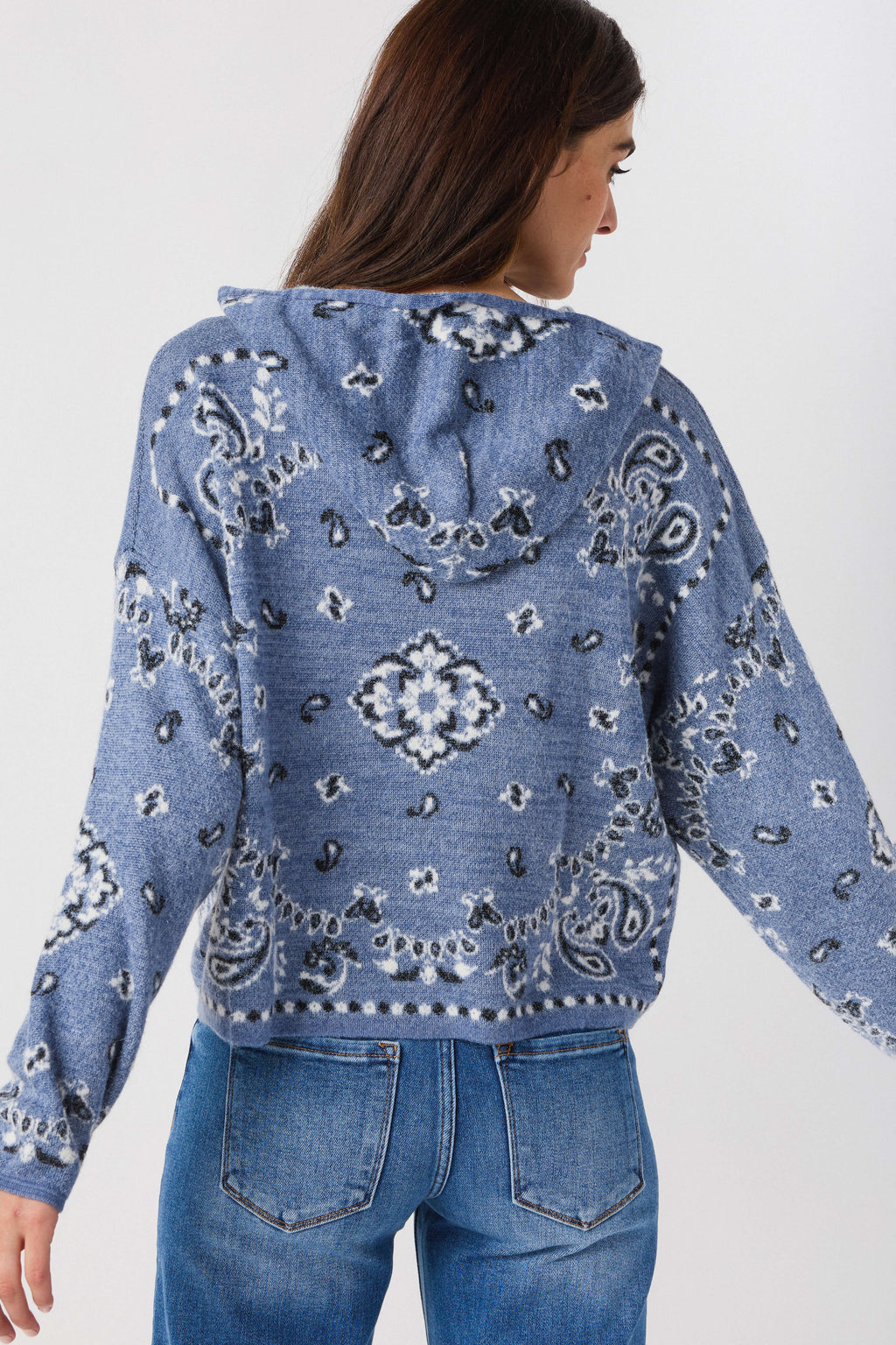 Blue hooded cardigan with paisley bandana print, full zip front, long sleeves