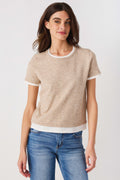 Taupe double-layer knit top with white crew neck and sleeve trim, straight hem.