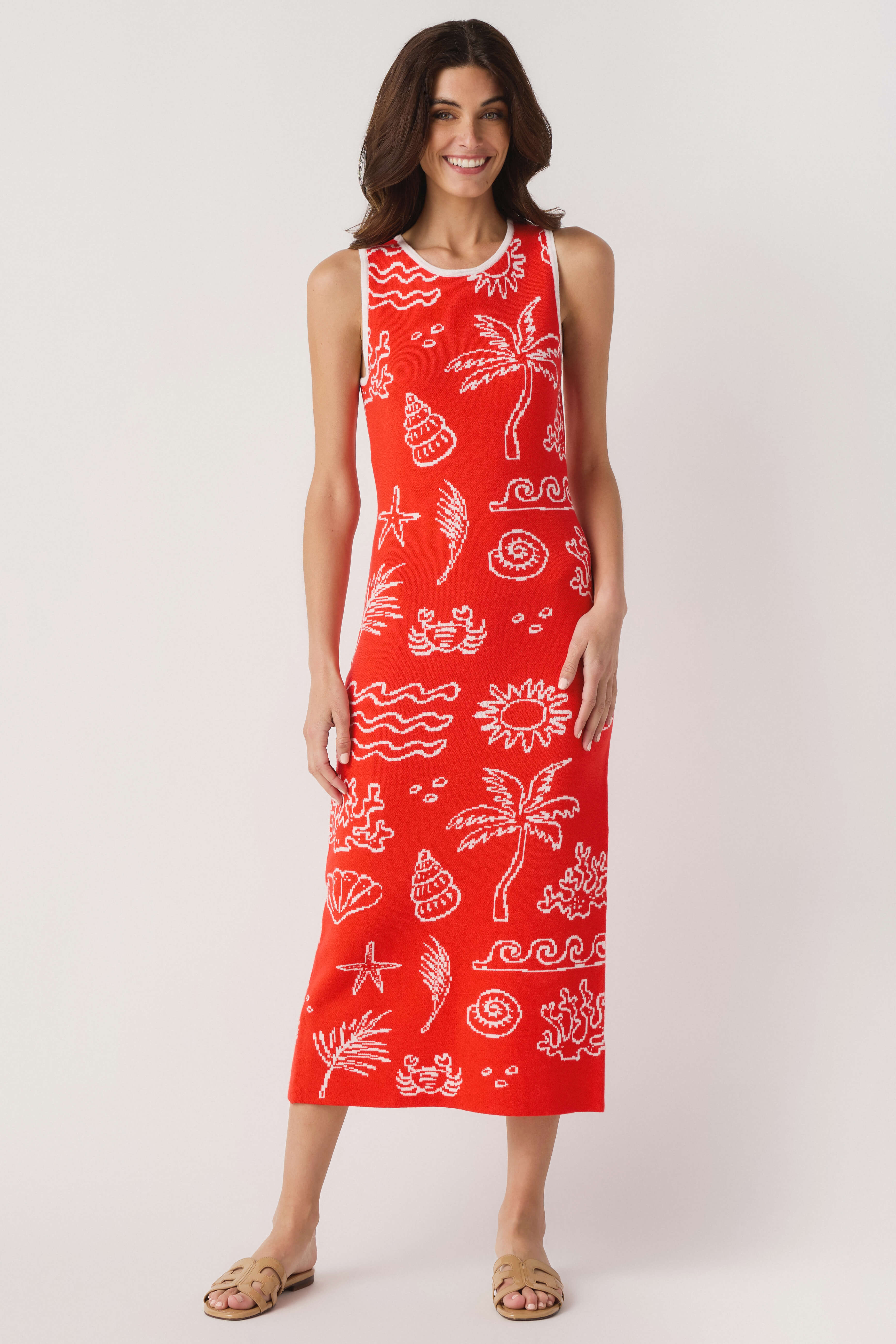 midi sweater dress women Promesa Nautical Midi Sweater Dress Red Orange-Off White / Small