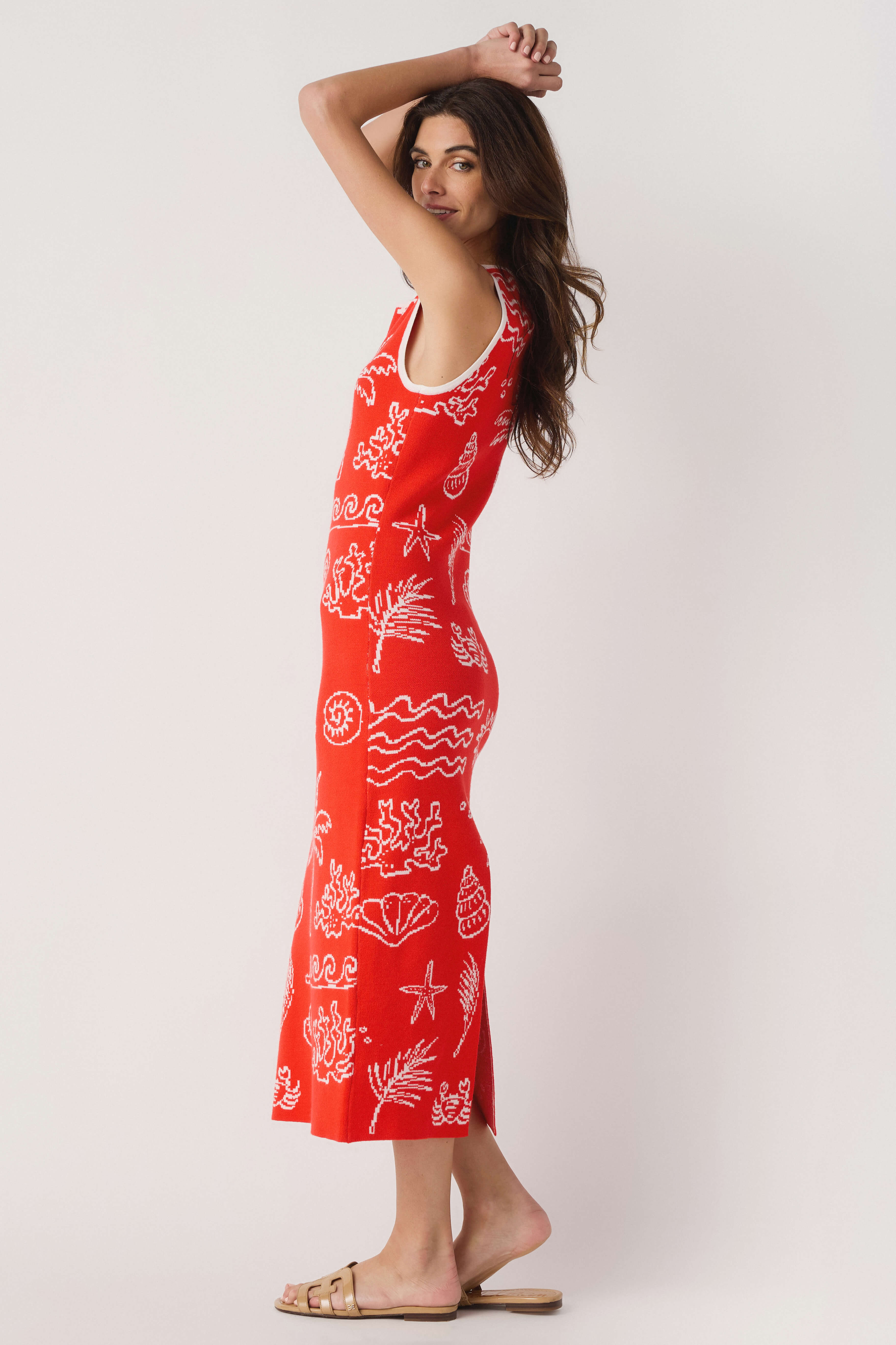 Beach Bliss Nautical Jacquard Midi Sweater Dress, Red Orange & Off White / S Beach Bliss Nautical Jacquard Midi Sweater Dress, Red Orange & Off White / S