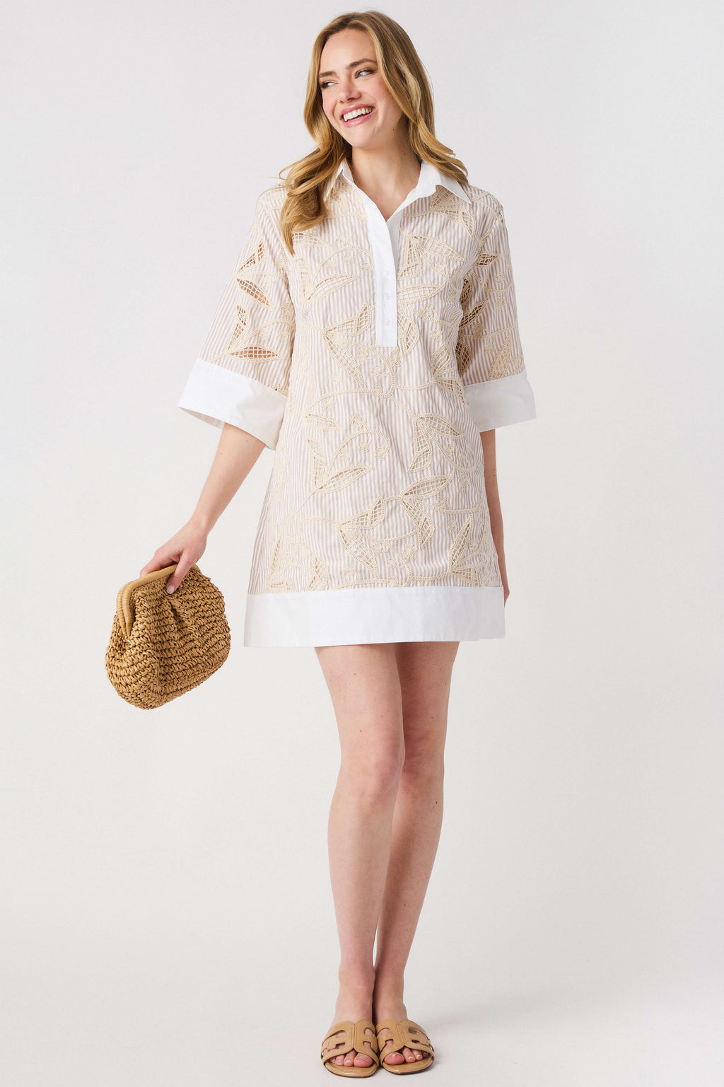 Lalavon Floral Embroidery Contrast Shirt Dress