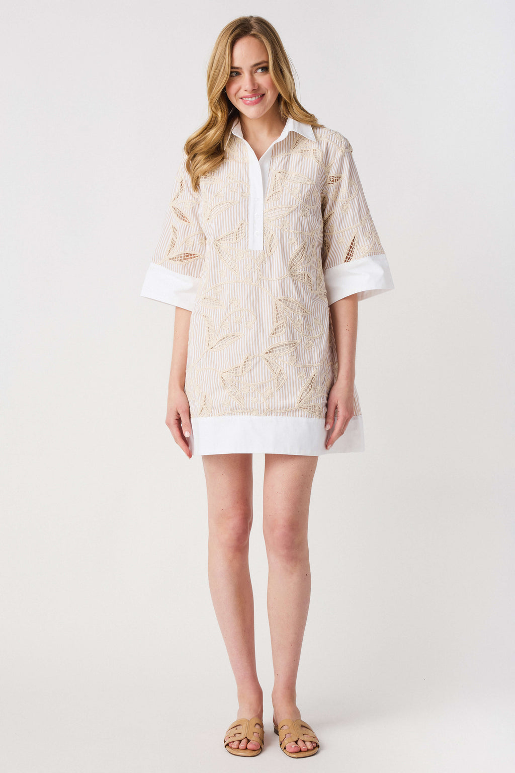 Lalavon Floral Embroidery Contrast Shirt Dress