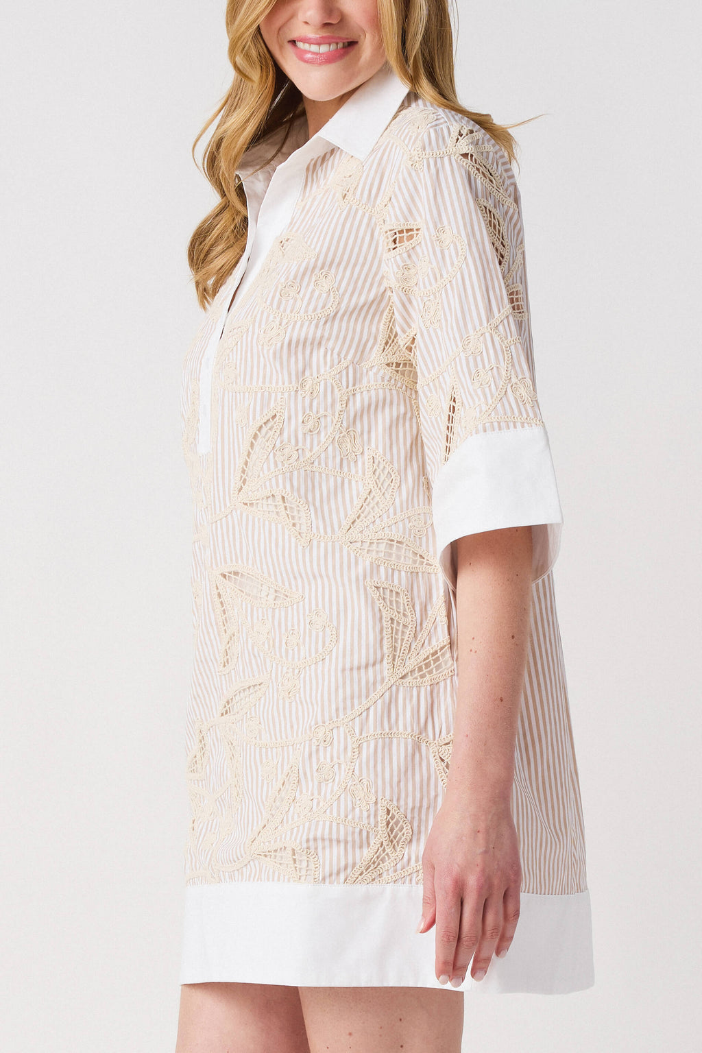 Lalavon Floral Embroidery Contrast Shirt Dress