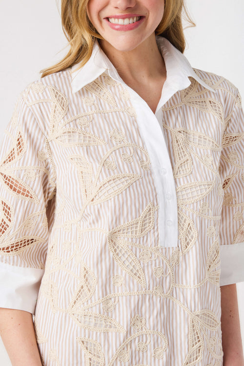 Lalavon Floral Embroidery Contrast Shirt Dress