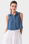 Doe and Rae Cherry Embo Denim Button Front Crop Tank