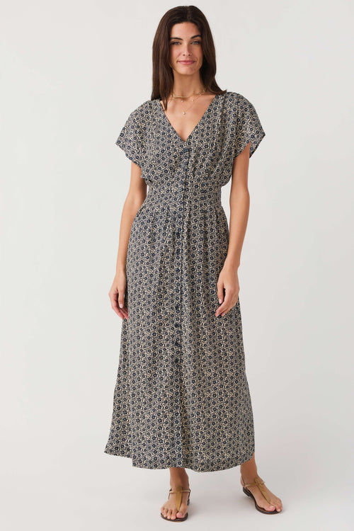 Z Supply dark blue floral midi dress with button-front V-neck and flutter sleeves