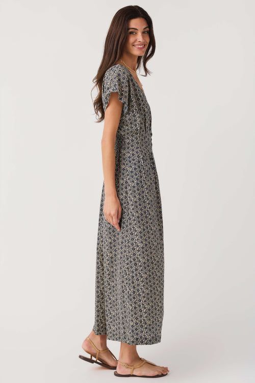 Z Supply dark floral midi dress with V-neck, short flutter sleeves, and fitted waist