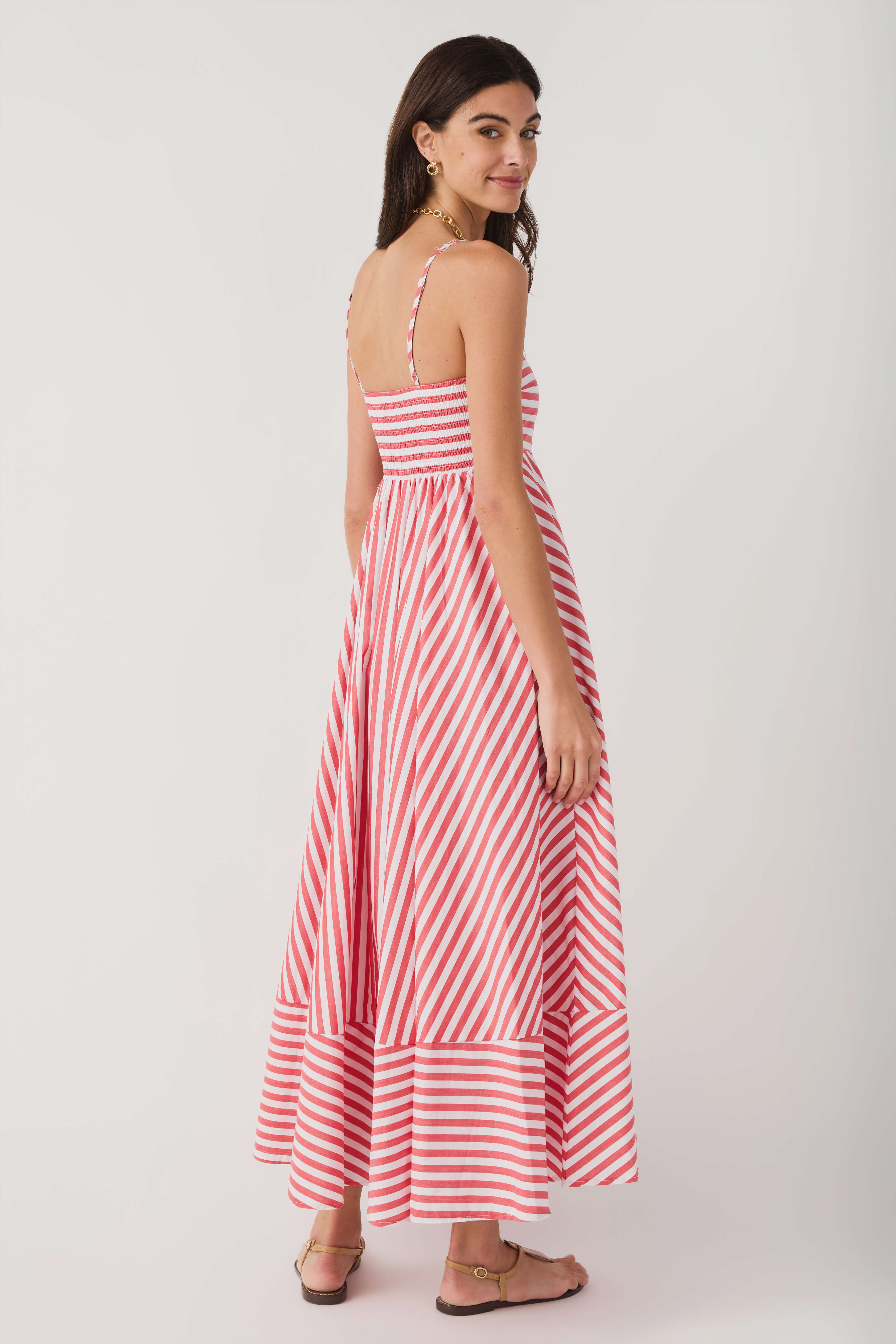 striped dress red and white Off-White Checkered Stripes Sleeveless Lenzing Ecovero Euroflax Maxi MODEL WEARS SIZE Red Striped Puffed Maxi Dress