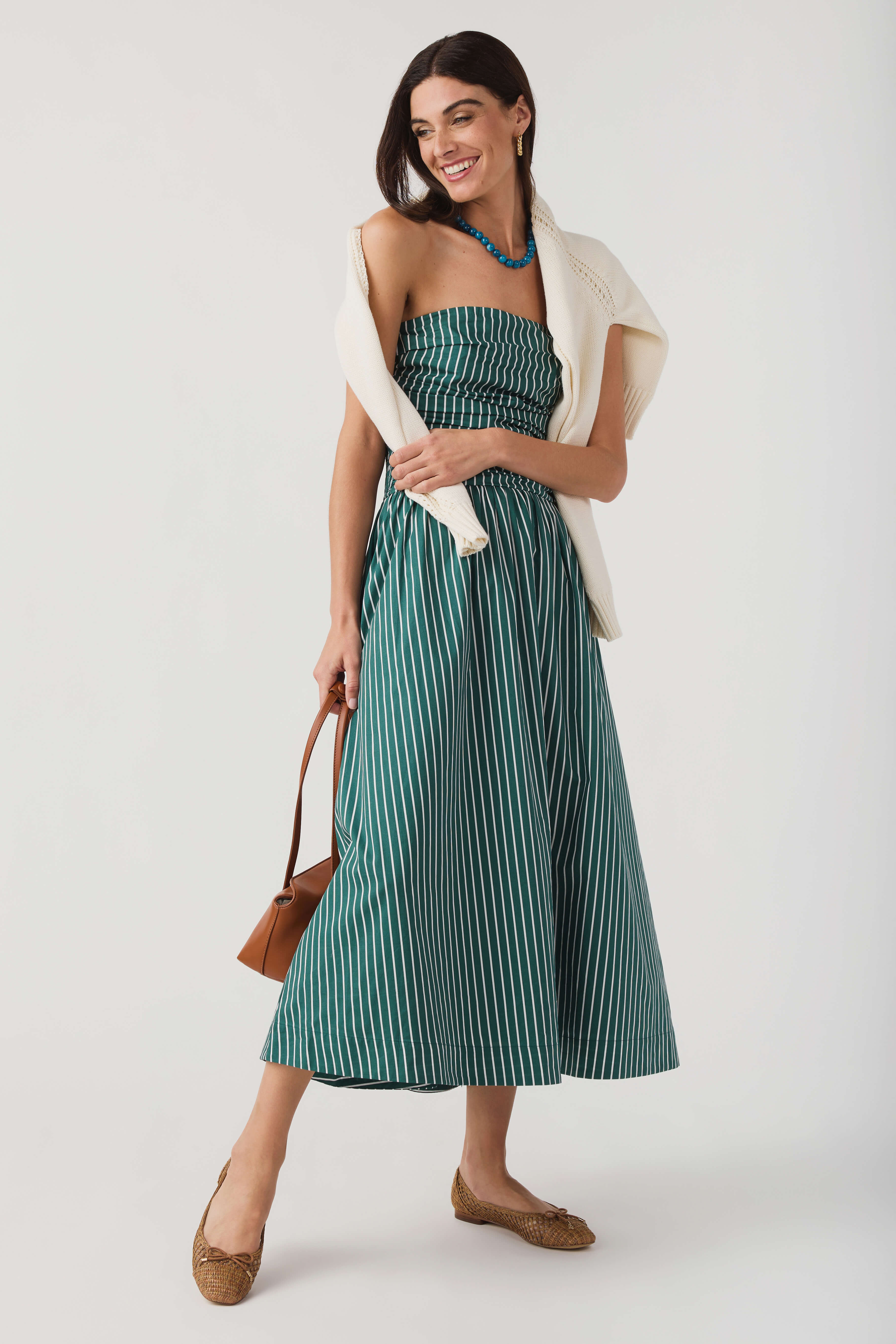 Hunter green striped strapless midi dress with gathered bodice and full skirt