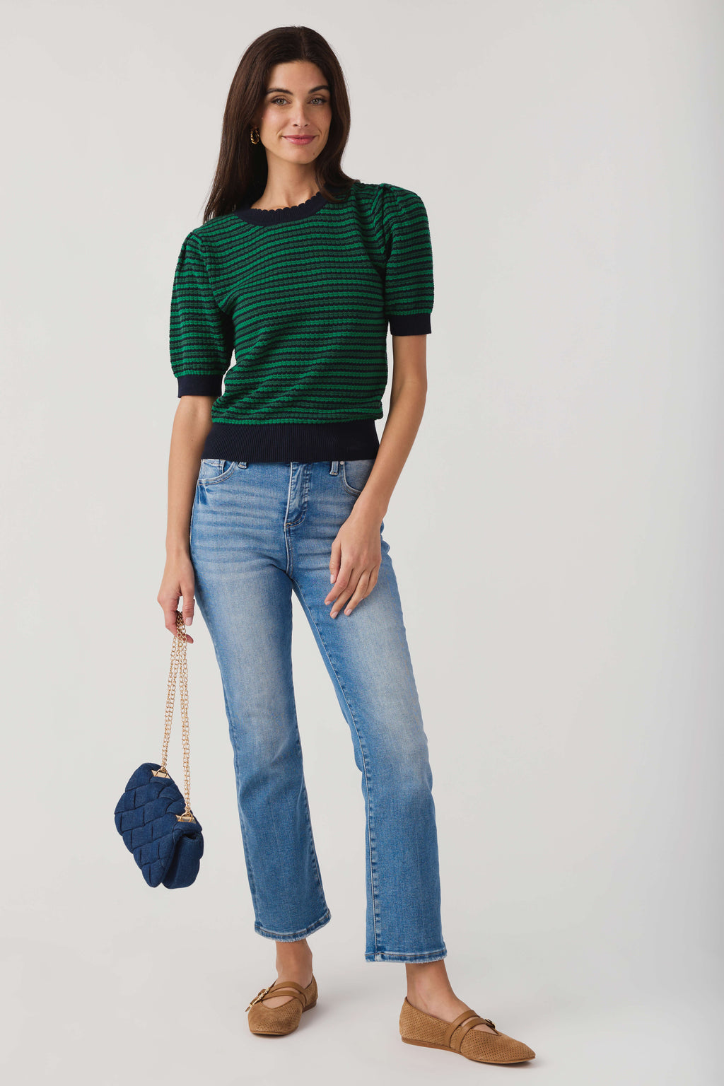 Navy and green striped crochet top with short sleeves and crew neck