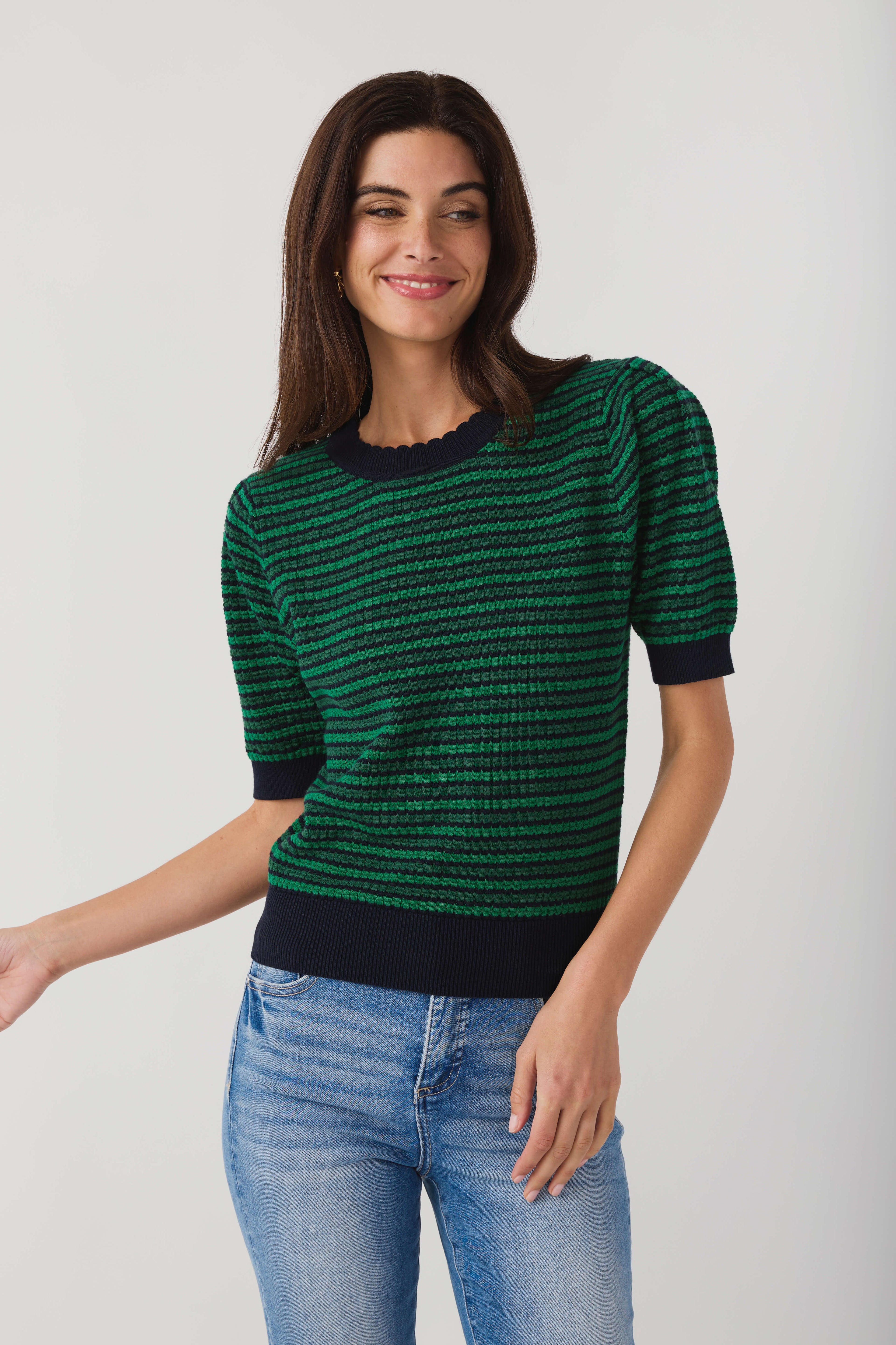 Green and navy striped crochet top with ribbed crew neck and short puff sleeves