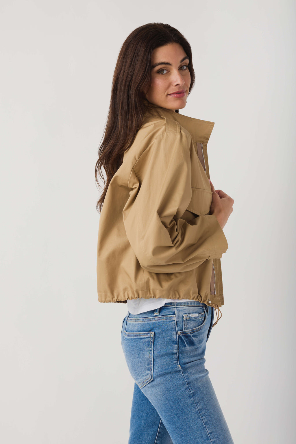 Khaki beige utility short jacket with high collar, flap pockets, cuffed sleeves