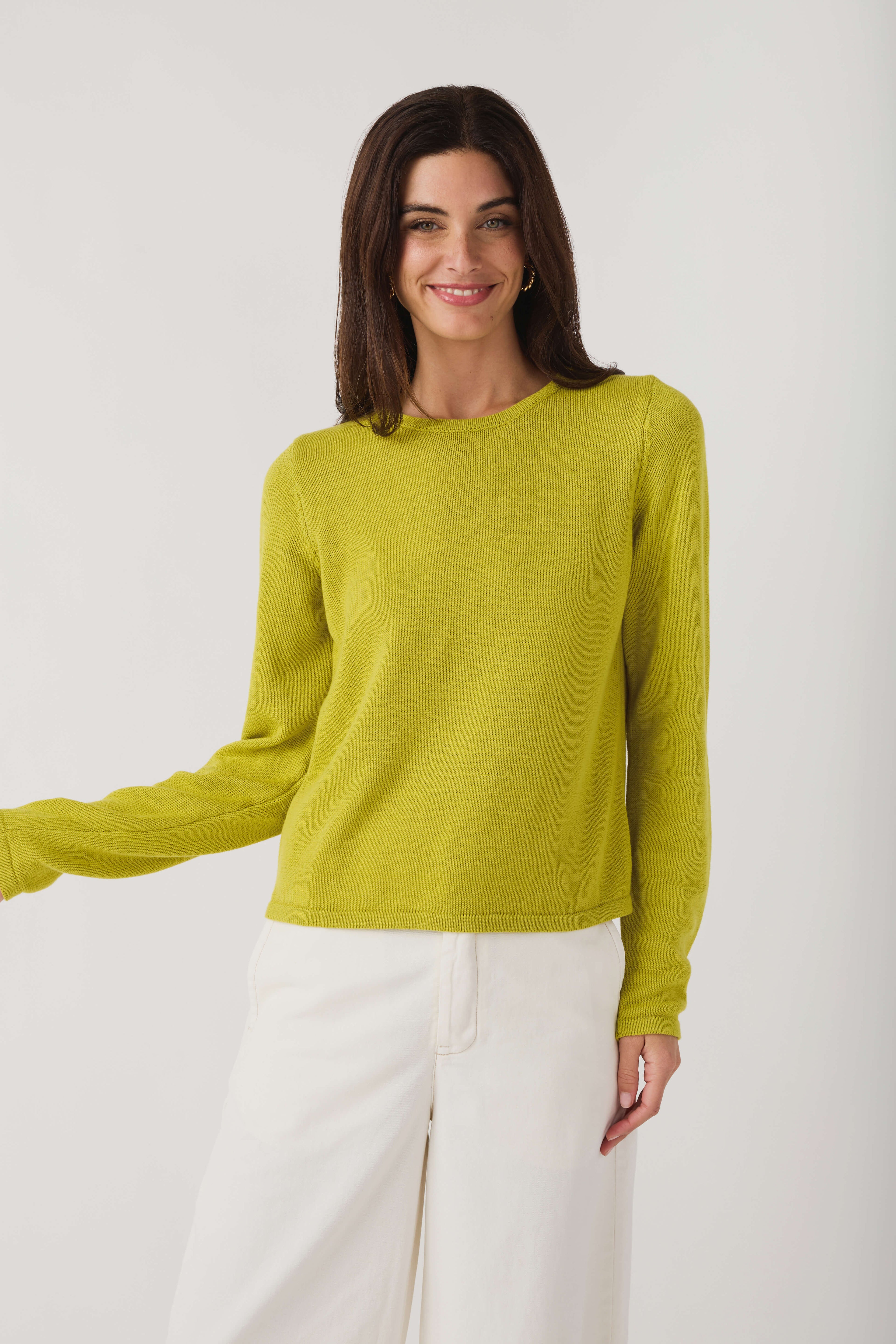 Lime knit crewneck sweater with long sleeves, relaxed front view