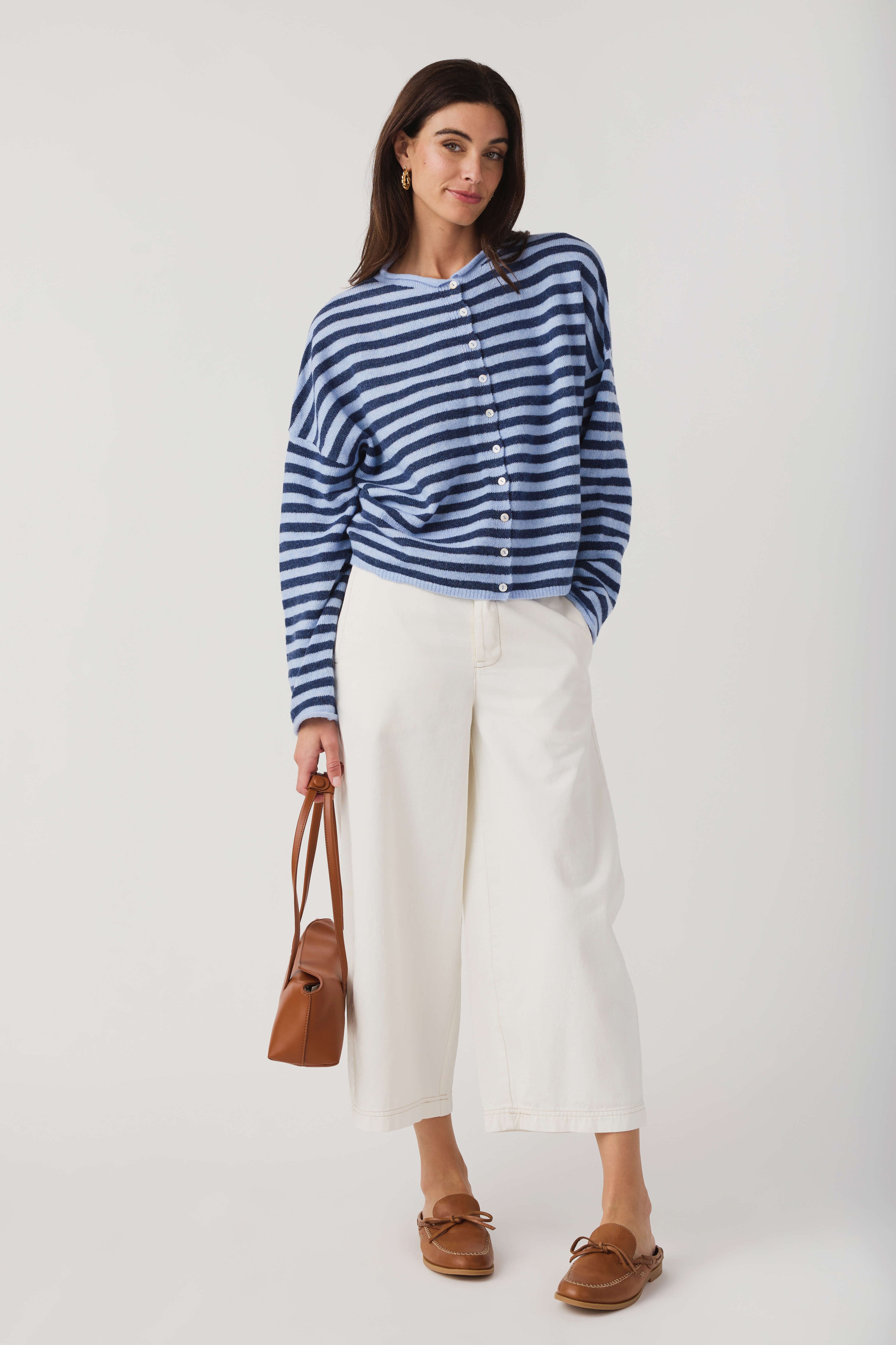 Striped cardigan with button front, long sleeves, crew neck in blue and white