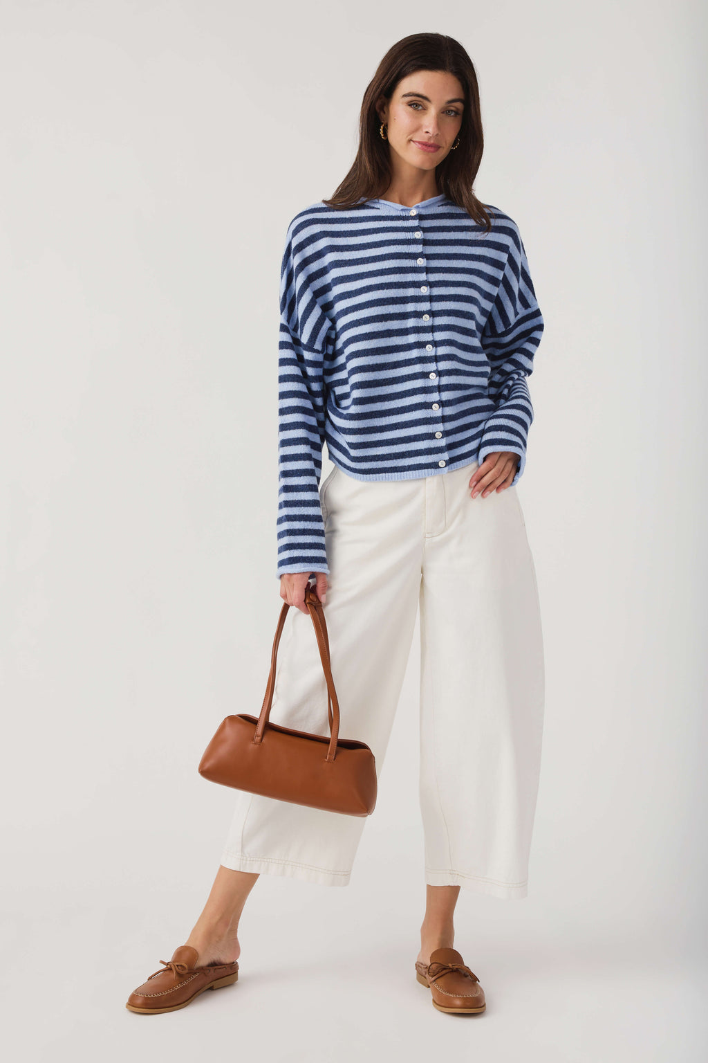 Blue-and-white striped button cardigan with long sleeves and crew neckline