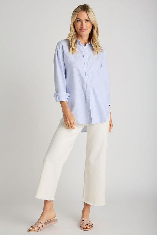Light blue striped button-down shirt with collar and button front, long sleeves