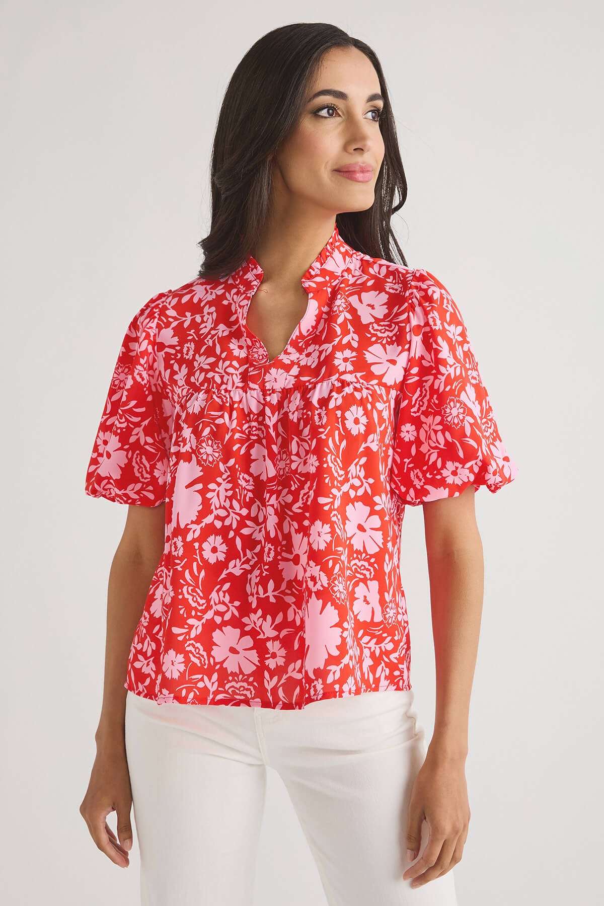 THML Floral Printed Bubble Sleeve Tunic Top