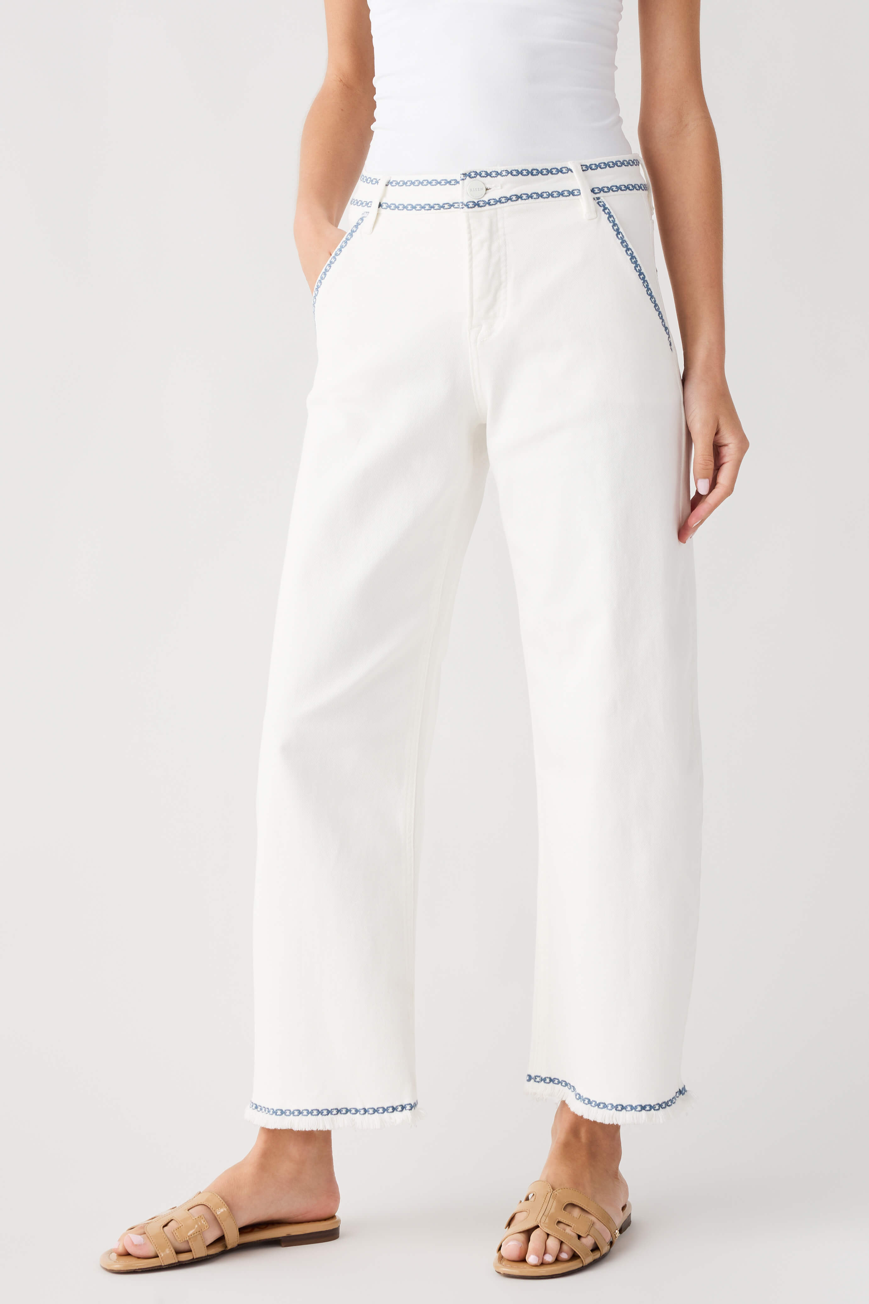 Risen Margot Embroidered Cropped Barrel Jeans