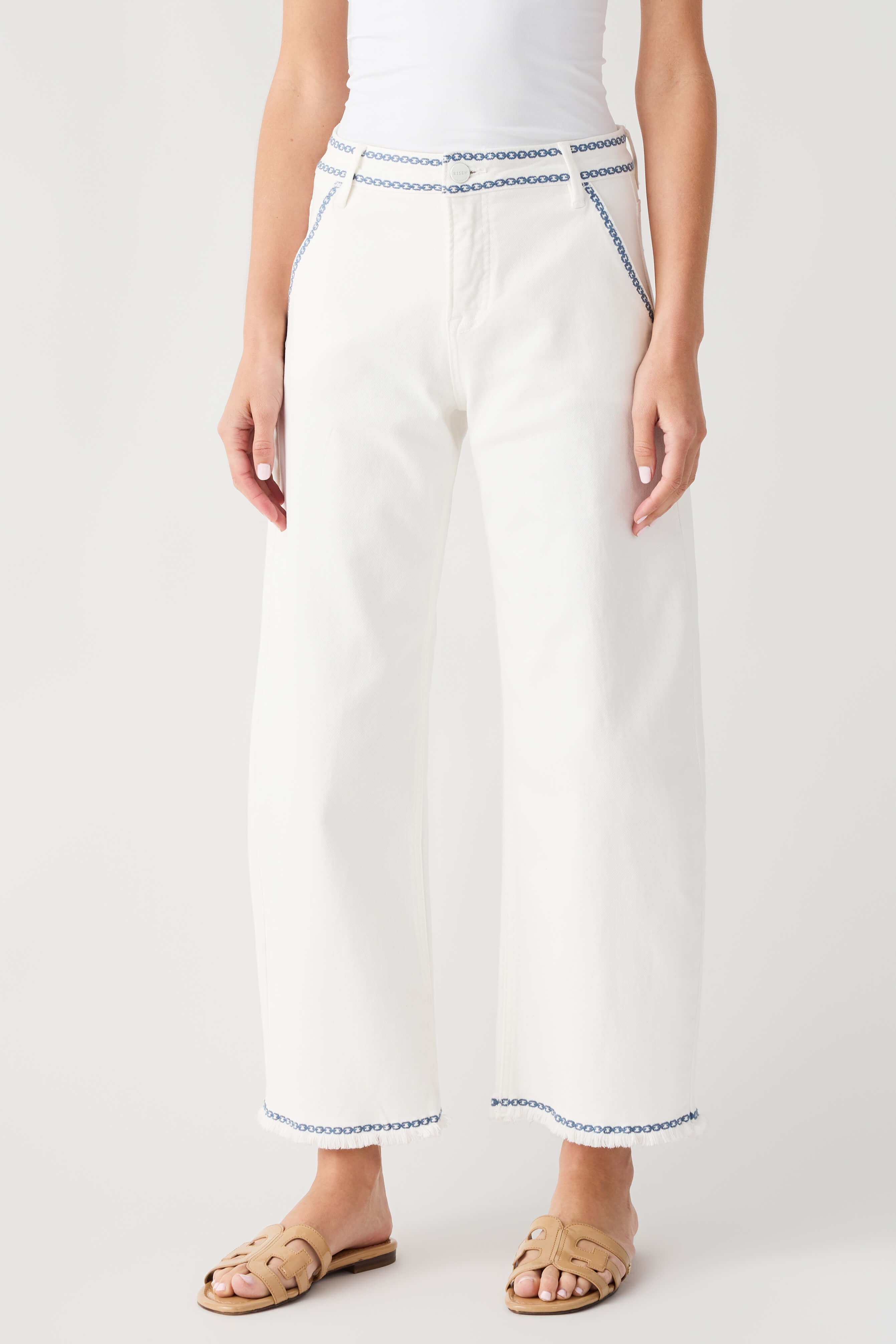 Risen Margot Embroidered Cropped Barrel Jeans