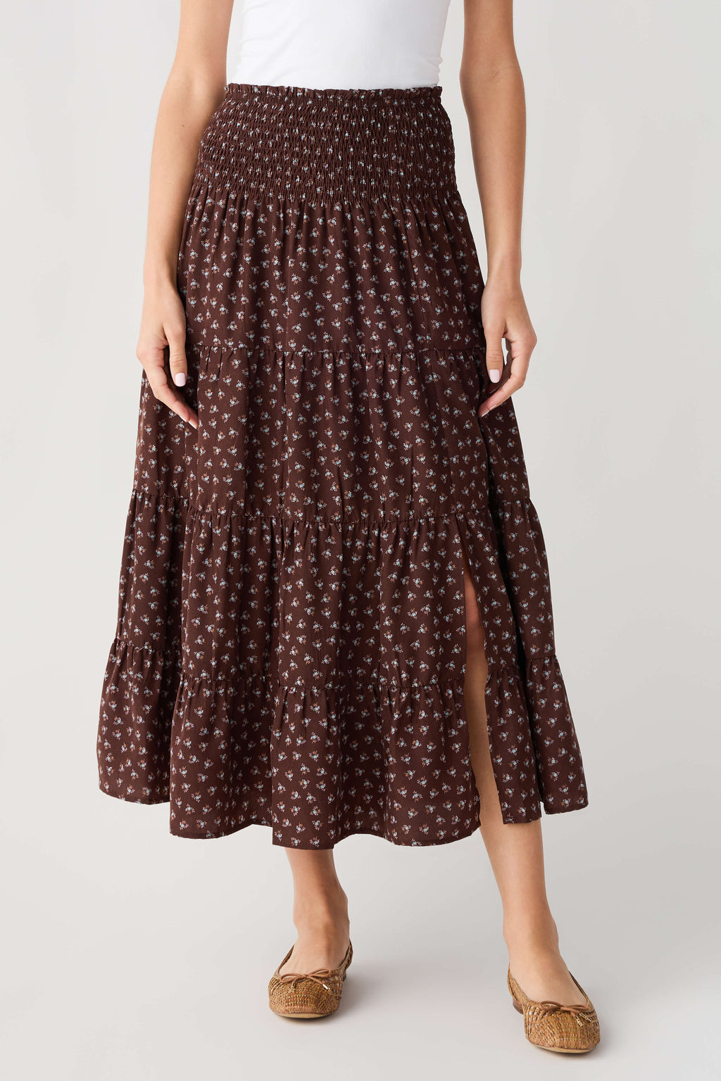 Smocked-waist floral midi skirt in espresso brown, gathered tiered hem