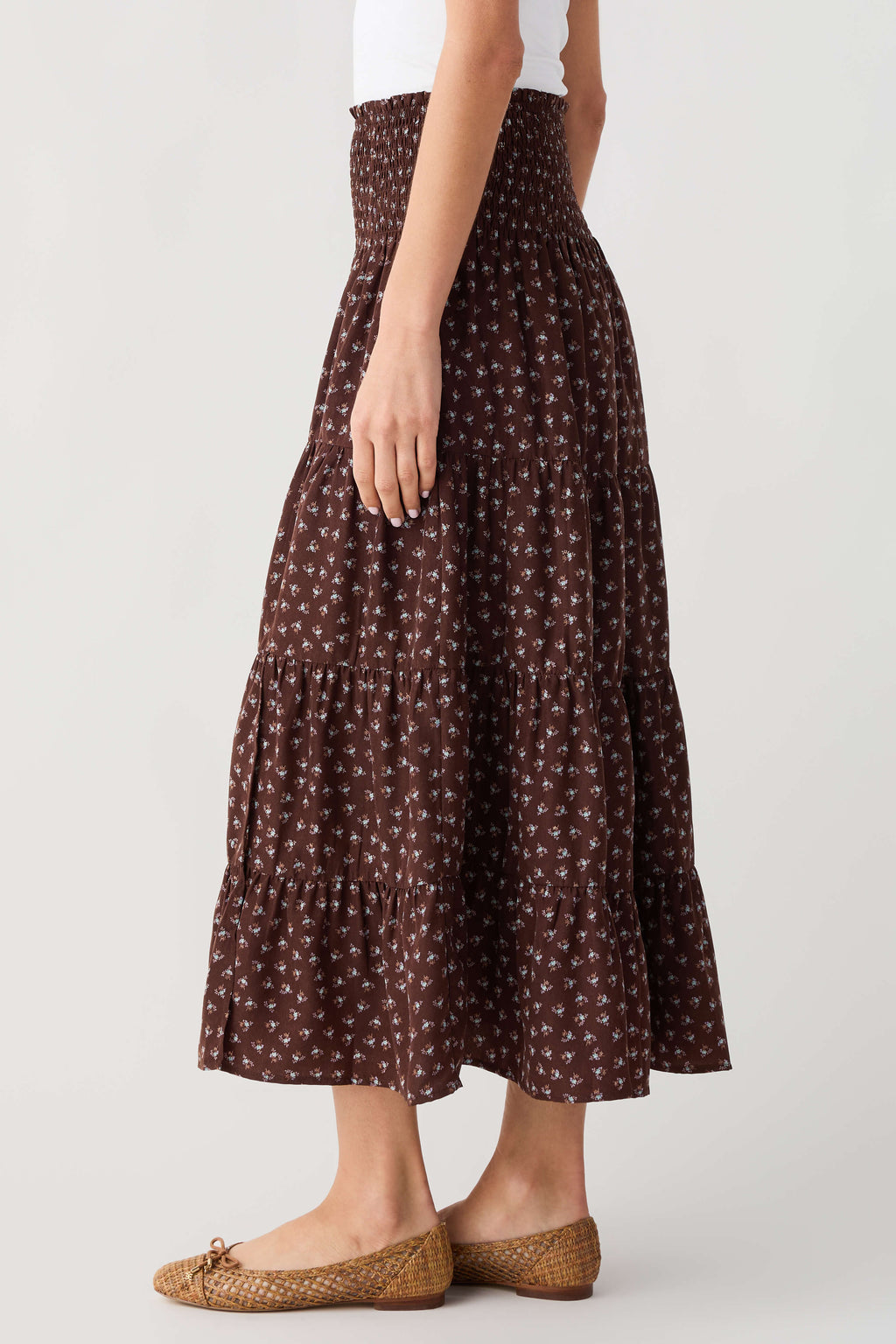 Espresso floral smocked-waist midi skirt, full side view with tiered gathers