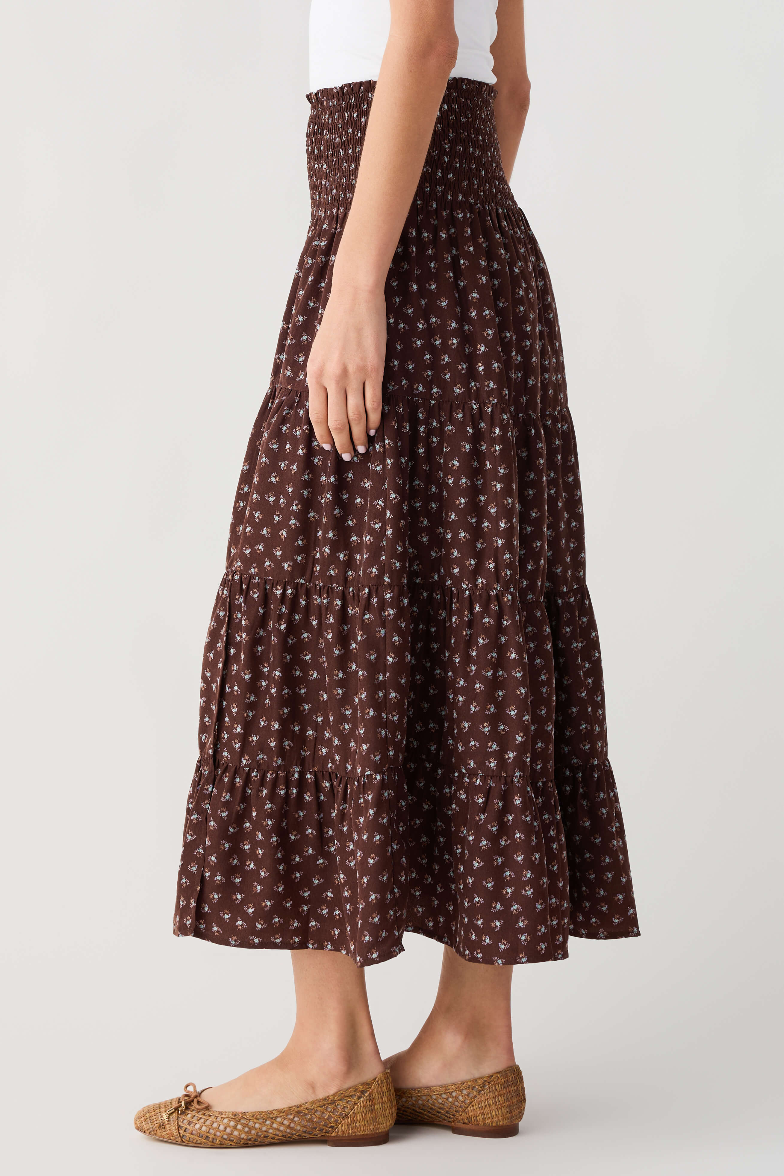 Espresso floral smocked-waist midi skirt, full side view with tiered gathers