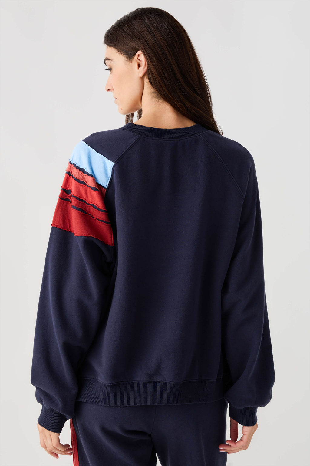 Navy sweatshirt back view with light blue and red stripe on sleeve panel