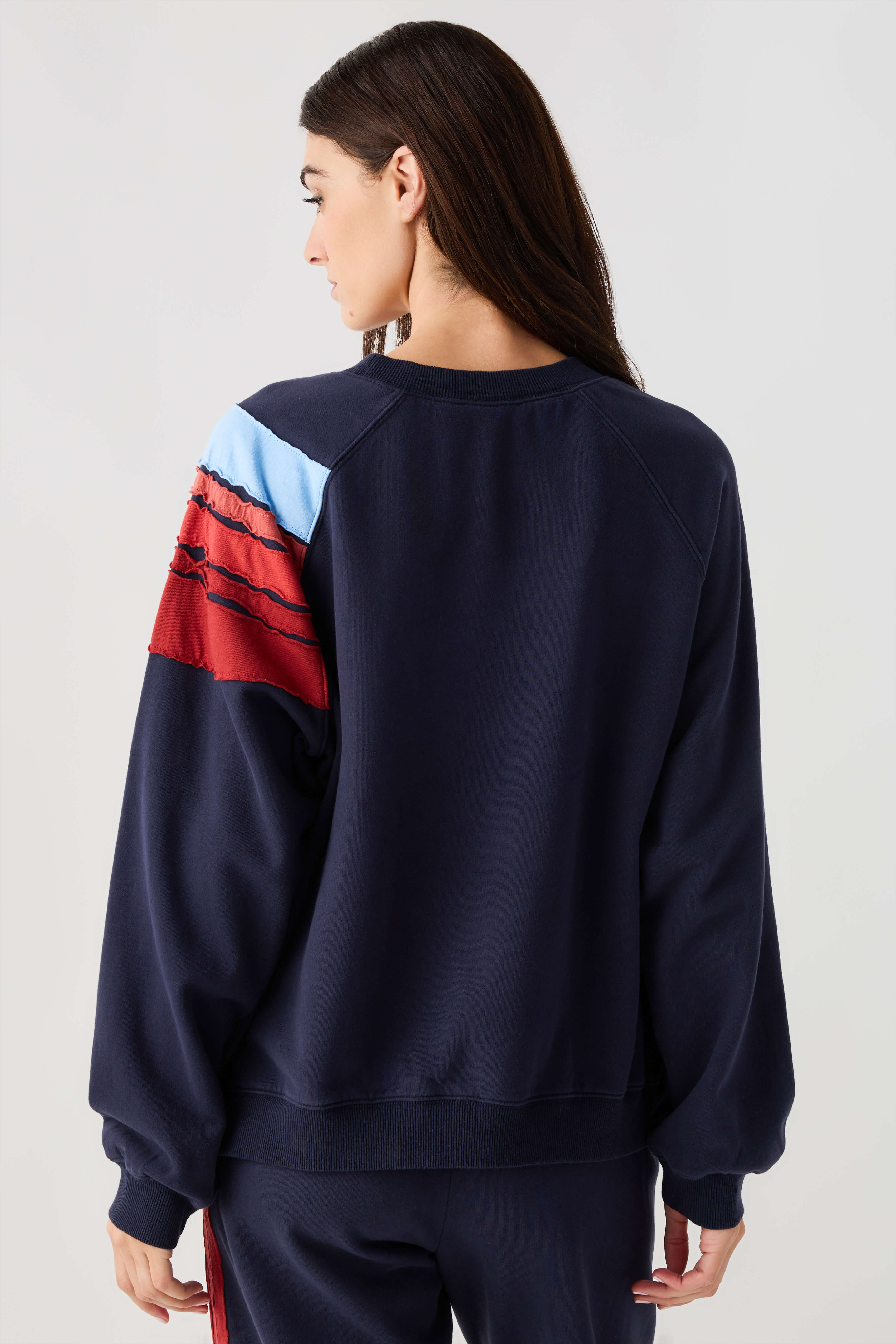 Navy sweatshirt back view with light blue and red stripe on sleeve panel
