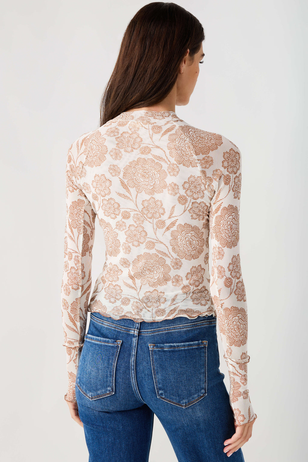 Cream floral mesh mock neck top back view, long sheer sleeves with full print.