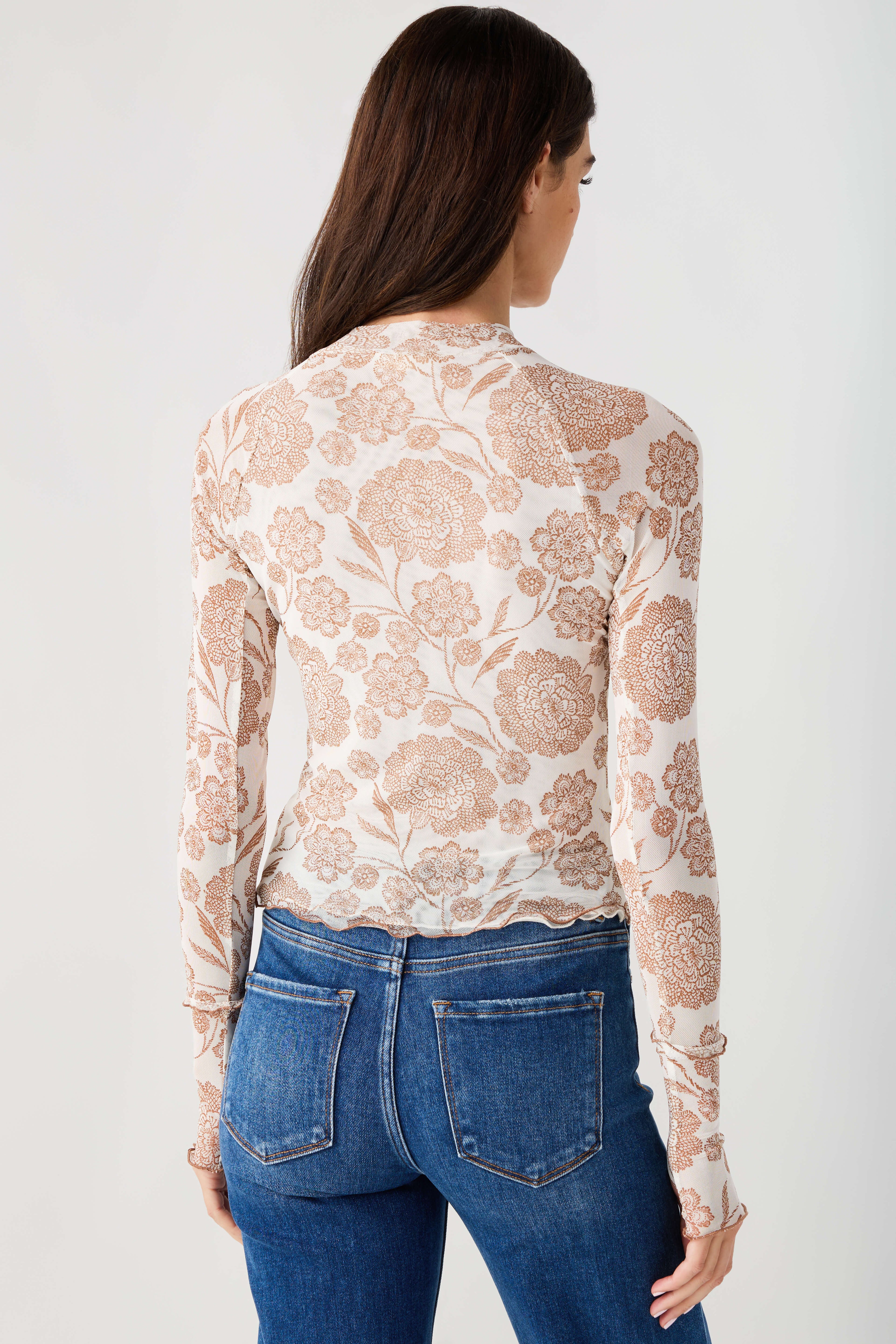 Cream floral mesh mock neck top back view, long sheer sleeves with full print.