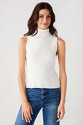 Off-white sleeveless ribbed mock-neck top with high collar and fitted shape.