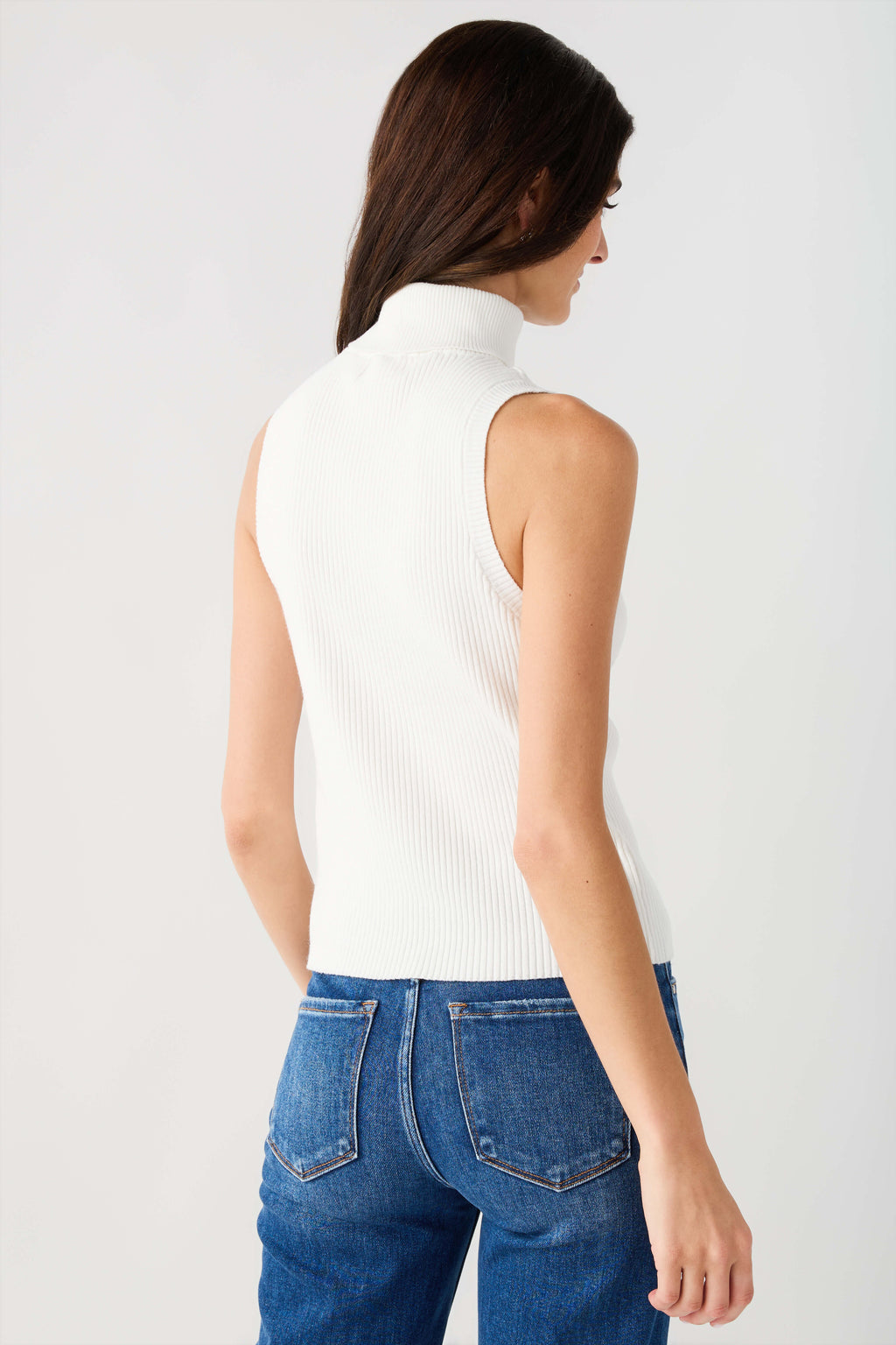 Off-white sleeveless ribbed mock-neck top shown from the back, fitted fit.