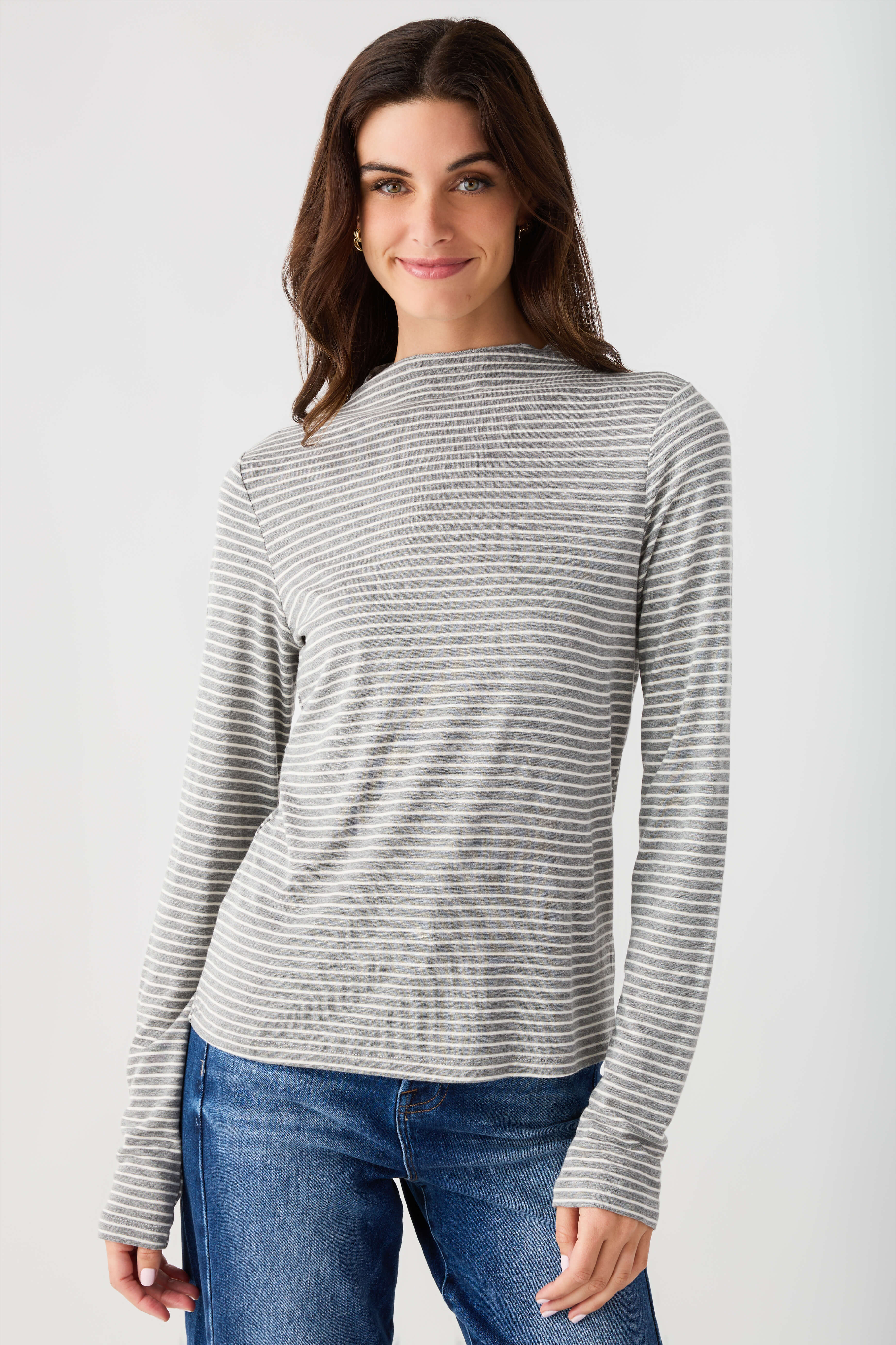 Heather grey-and-white striped mockneck knit top with long sleeves, front view