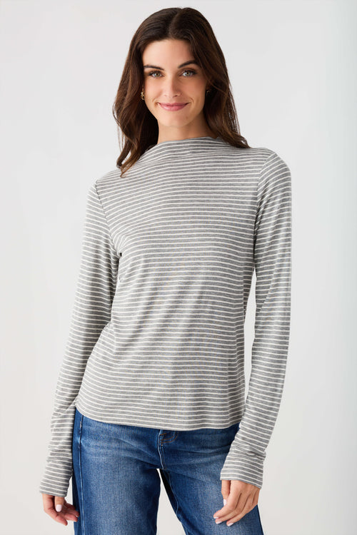 Heather grey-and-white striped mockneck knit top with long sleeves, front view