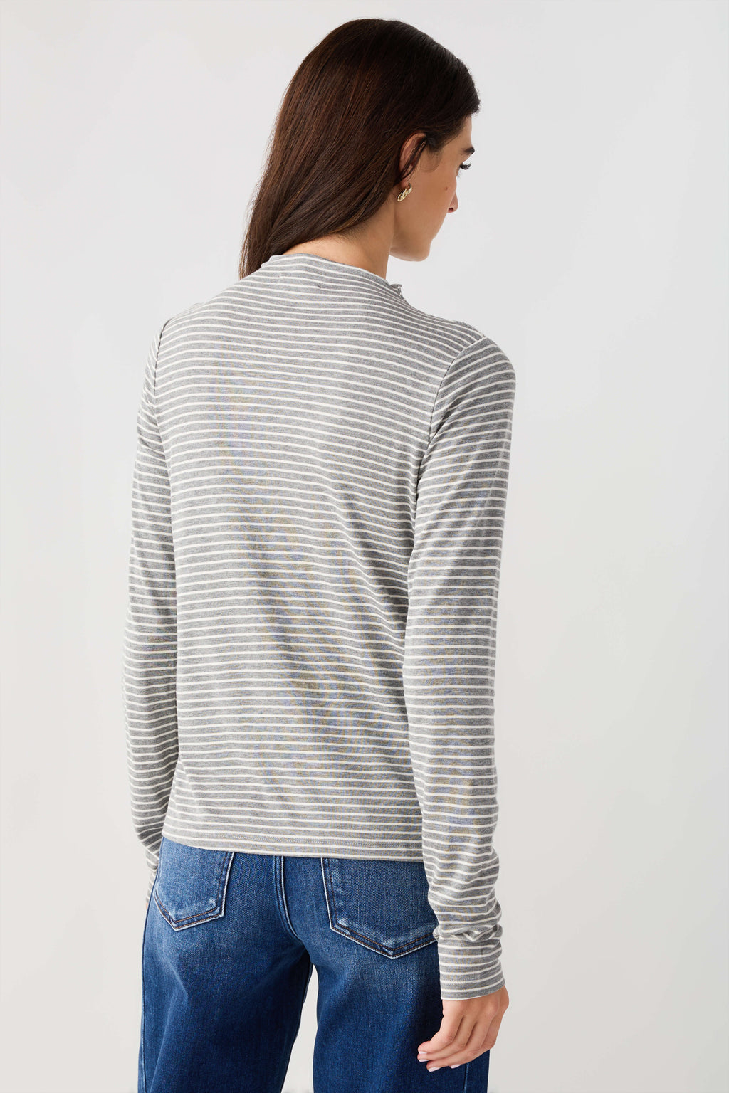 Heather grey-and-white striped mockneck knit top with long sleeves, back view