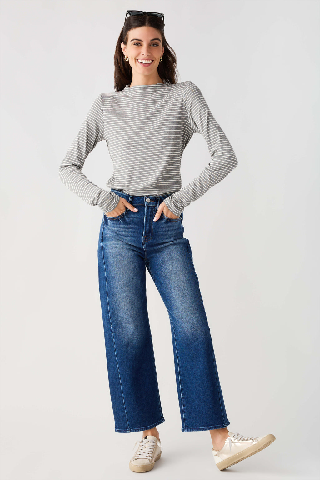 Heather grey-and-white striped mockneck knit top with long sleeves, mock neck detail