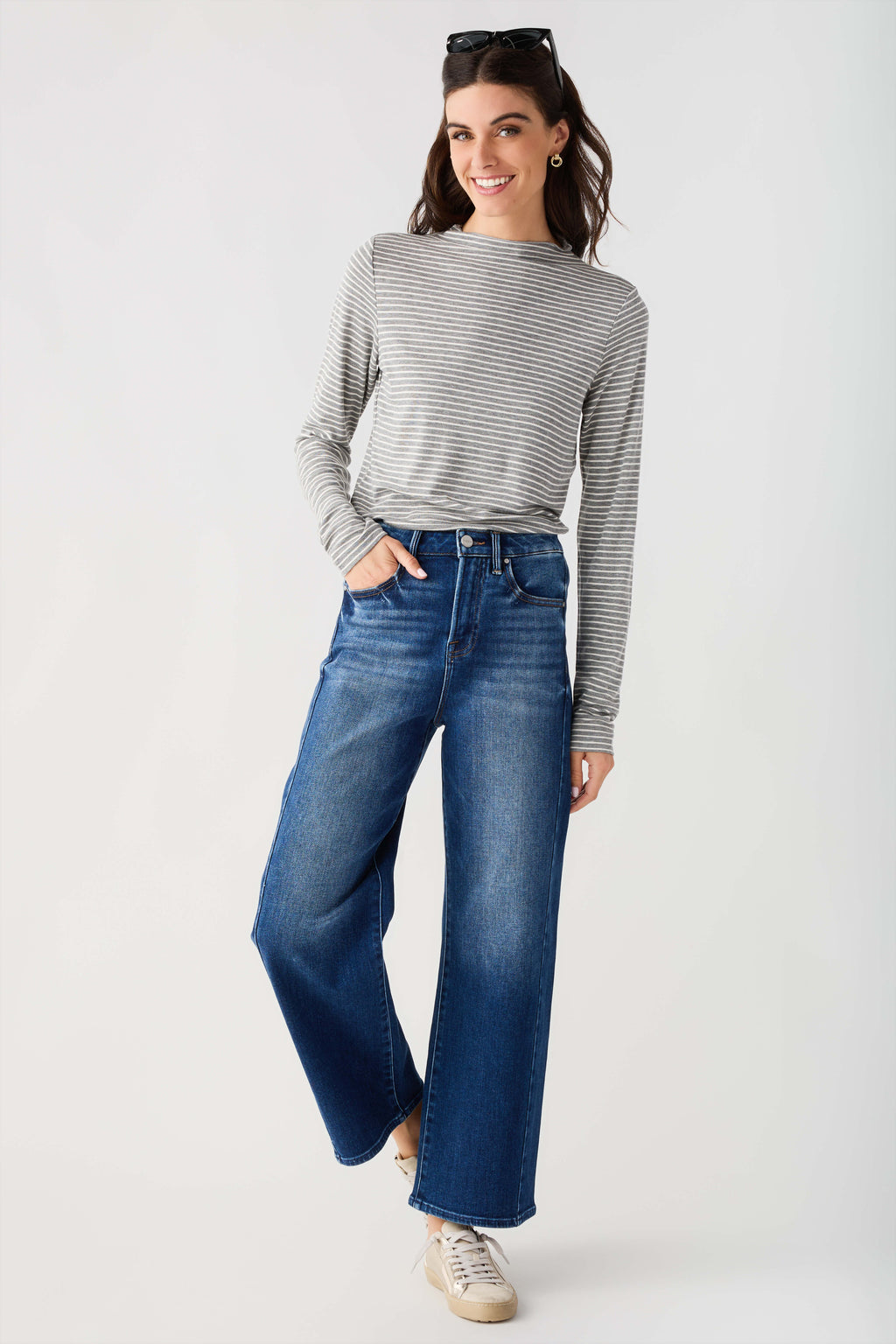 Heather grey-and-white striped mockneck knit top with long sleeves, front view