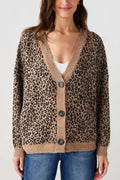 Leopard print cardigan sweater detail: button placket, V neckline, ribbed hem